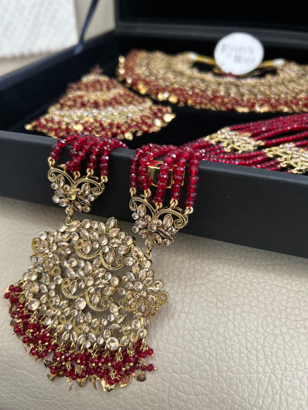 Pre Order 6 Weeks- Deep Red and Gold Large Necklace, Jhumar and Mala Set Perfect for Hijabis