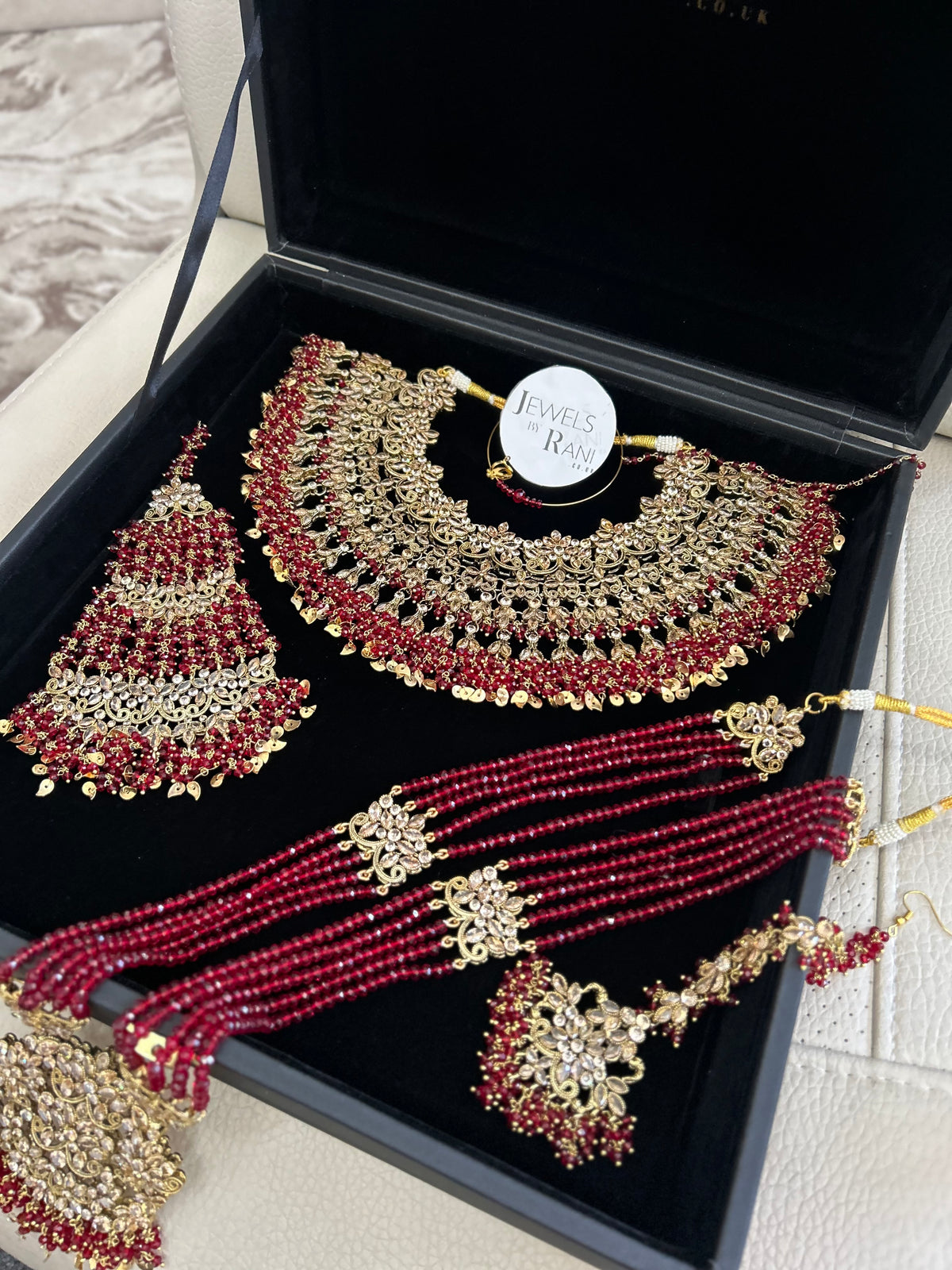 Pre Order 6 Weeks- Deep Red and Gold Large Necklace, Jhumar and Mala Set Perfect for Hijabis