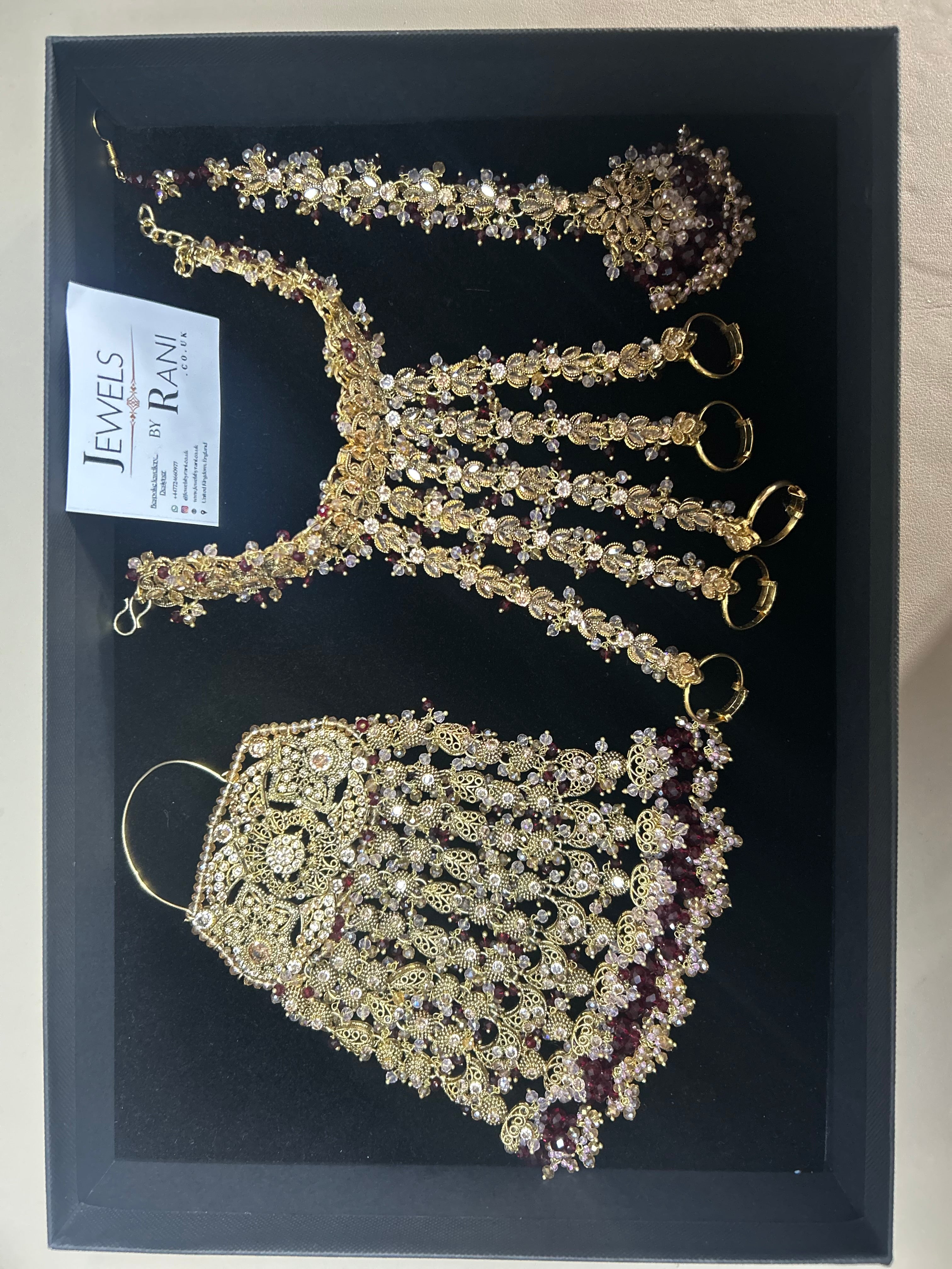Pre Order 6 Weeks: 22crt Gold Plated Hand Piece, Jhumar & Tikka
