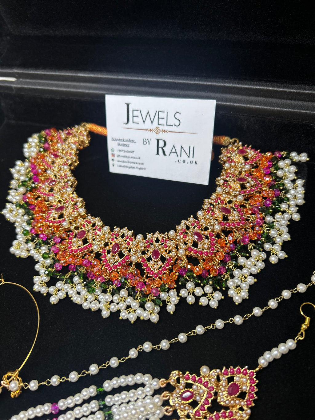 Green, Hot pink, Gold & White coloured necklace set, with heavily beaded Jhumkies & tikka (Copy)