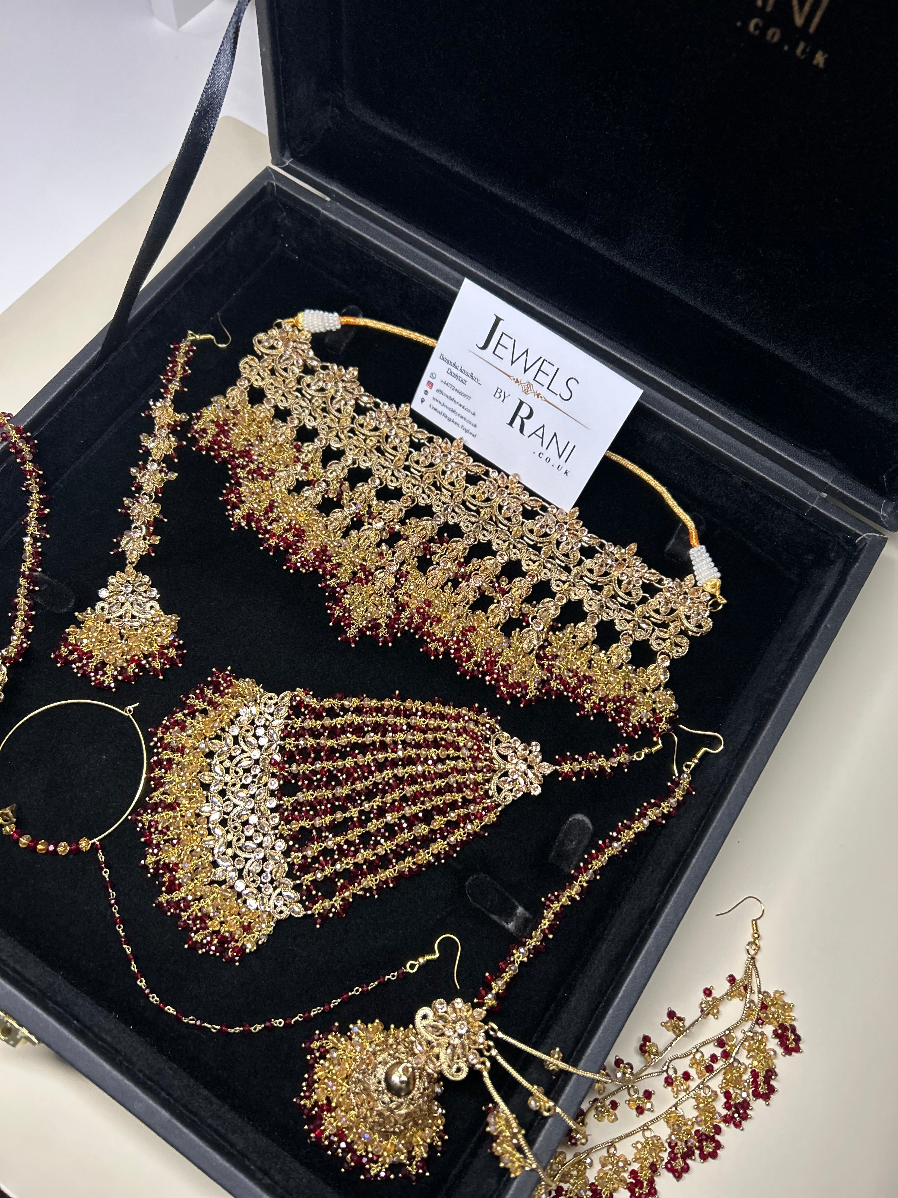 PRE ORDER: 6 Week Making time- Beautiful Maroon & Gold Dangle Necklace  22crt Gold Plated Bridal Jewellery Set