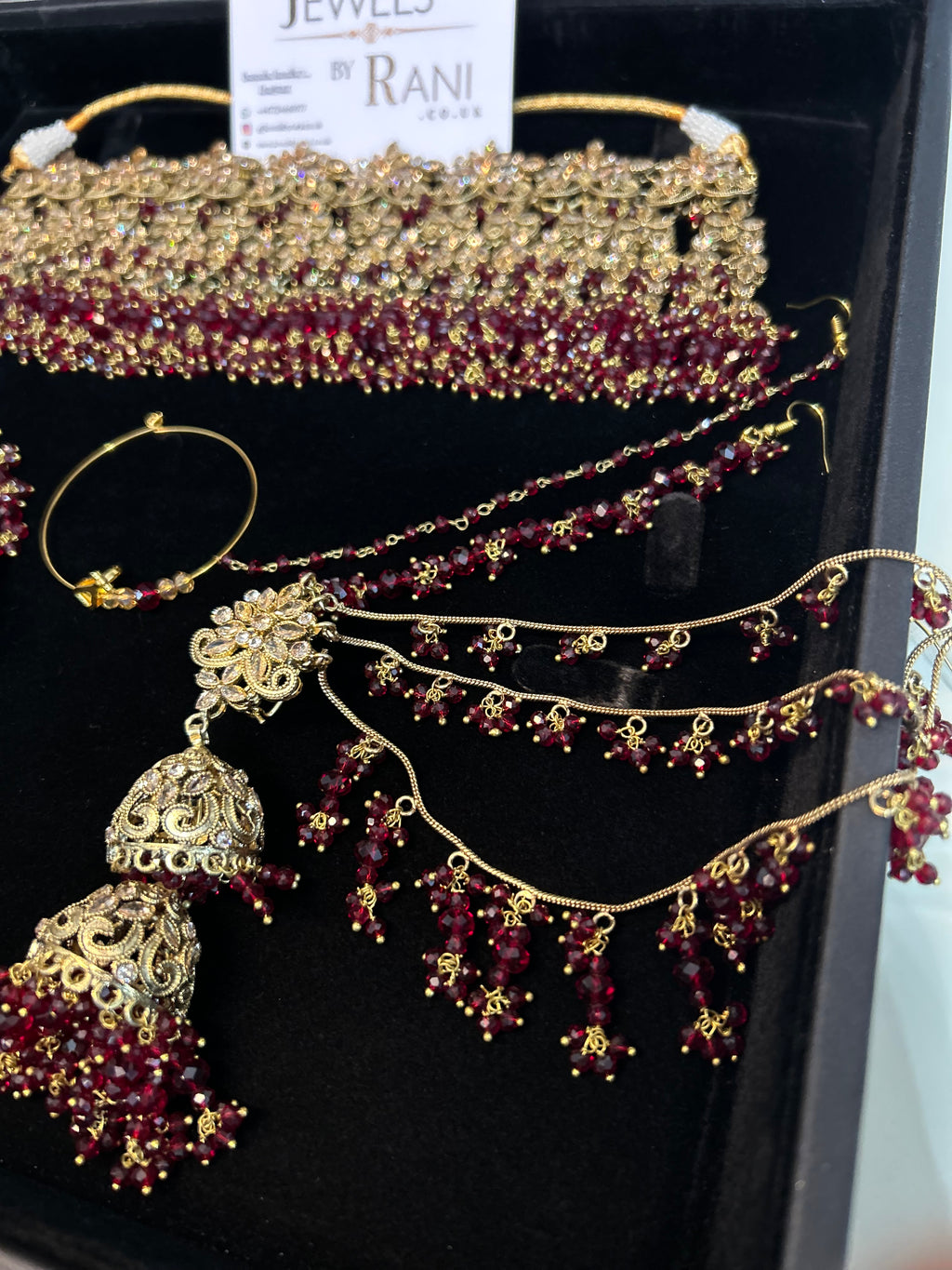 Pre Order 6 Weeks- 22crt Gold Plated Maroon Matha Patti Bridal Jewellery Set With Choker
