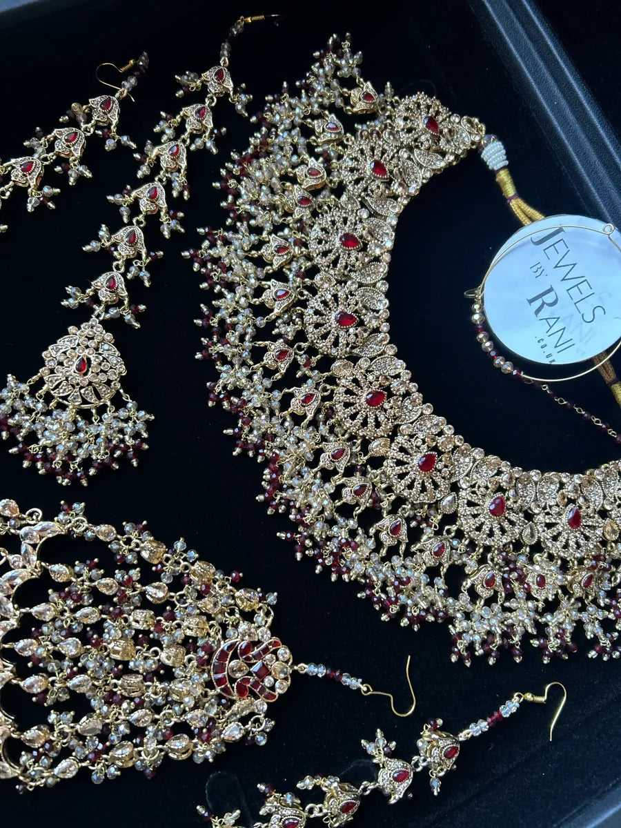 24 crt Gold Plated - Beautiful Maroon Pakistani Bridal Jewellery Set - Jewelsbyrani