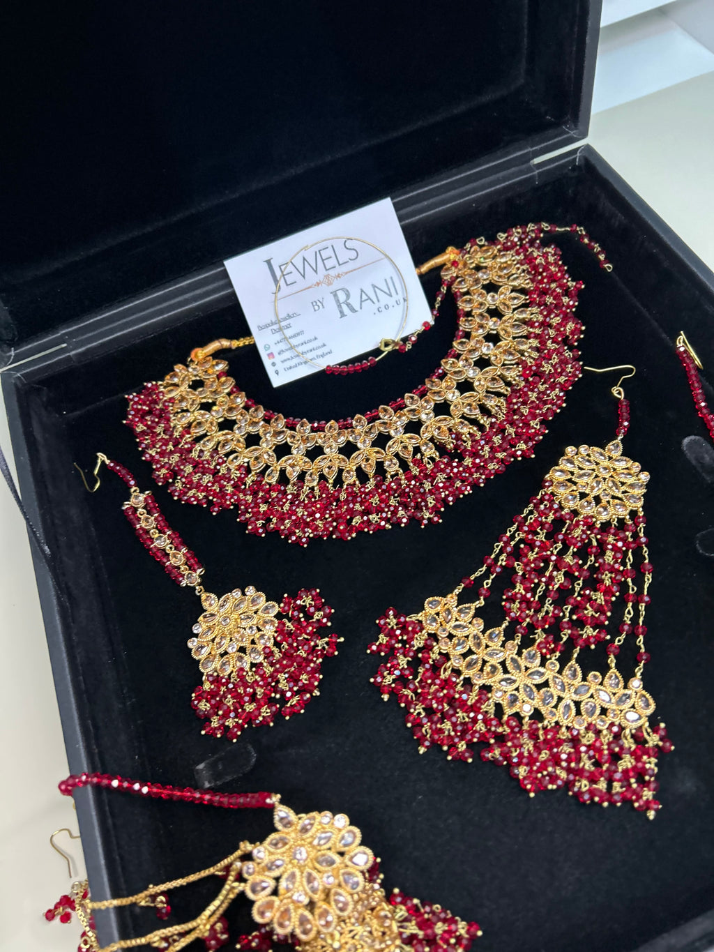 Deep Red Necklace set, with heavily beaded Earrings & tikka