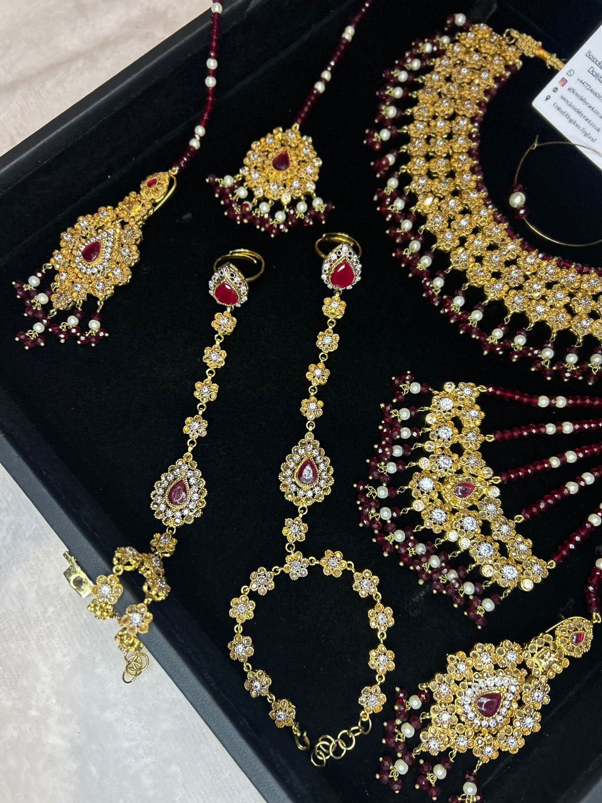 Beautiful Maroon & White Pakistani Necklace Set Full Bridal Jewellery Set | Including 2 Hand Pieces | Style 7279