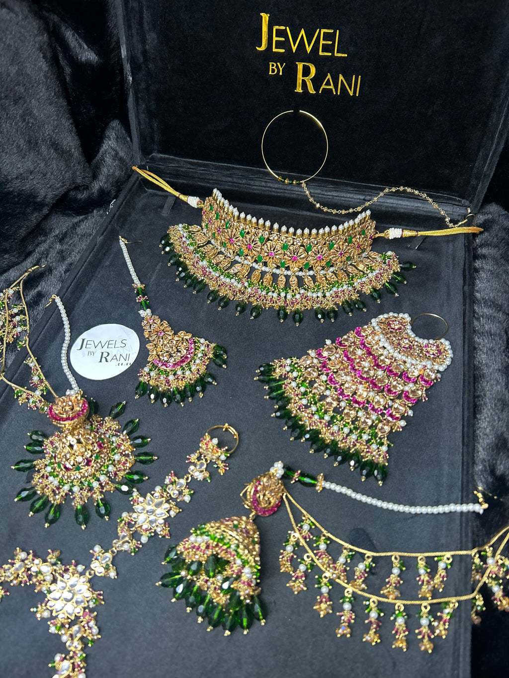 Pre order No gold plate: Same set, Crystals changed to a lighter green, Jhumkies made smaller, NO JHUMAR, Needed July 15th