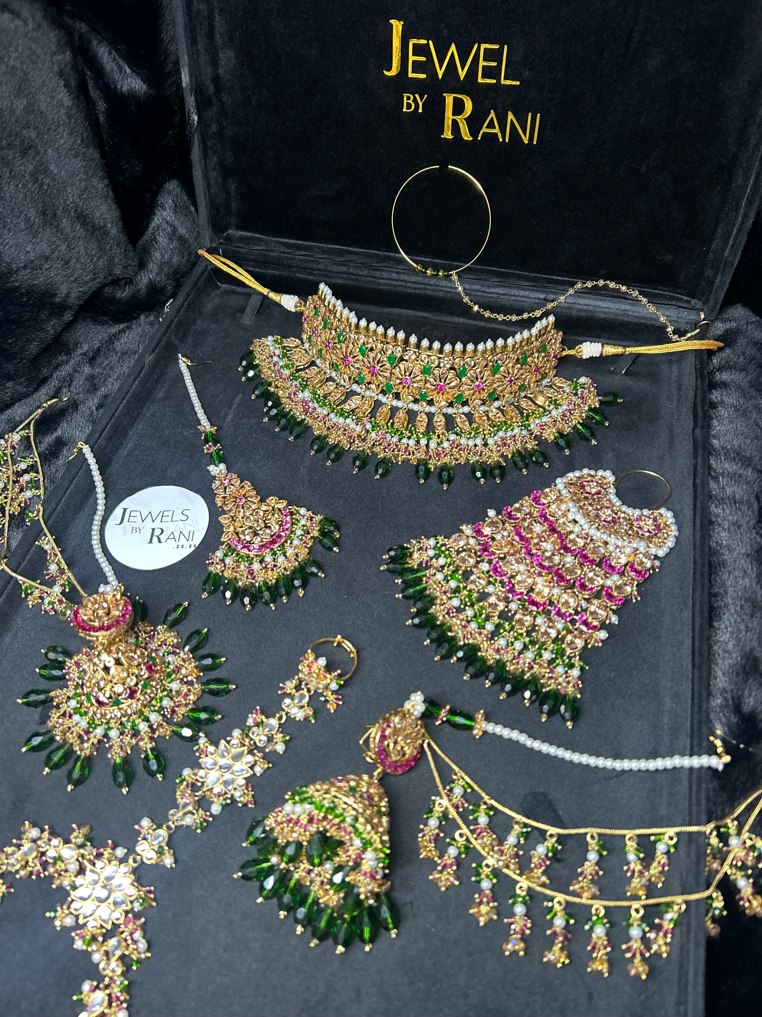 Pre order No gold plate: Same set, Crystals changed to a lighter green, Jhumkies made smaller, NO JHUMAR, Needed July 15th