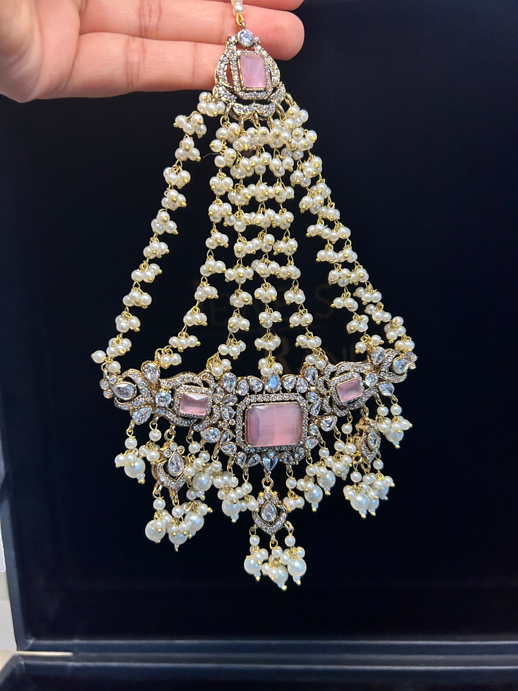 Pink and White Coloured heavily beaded jhumar