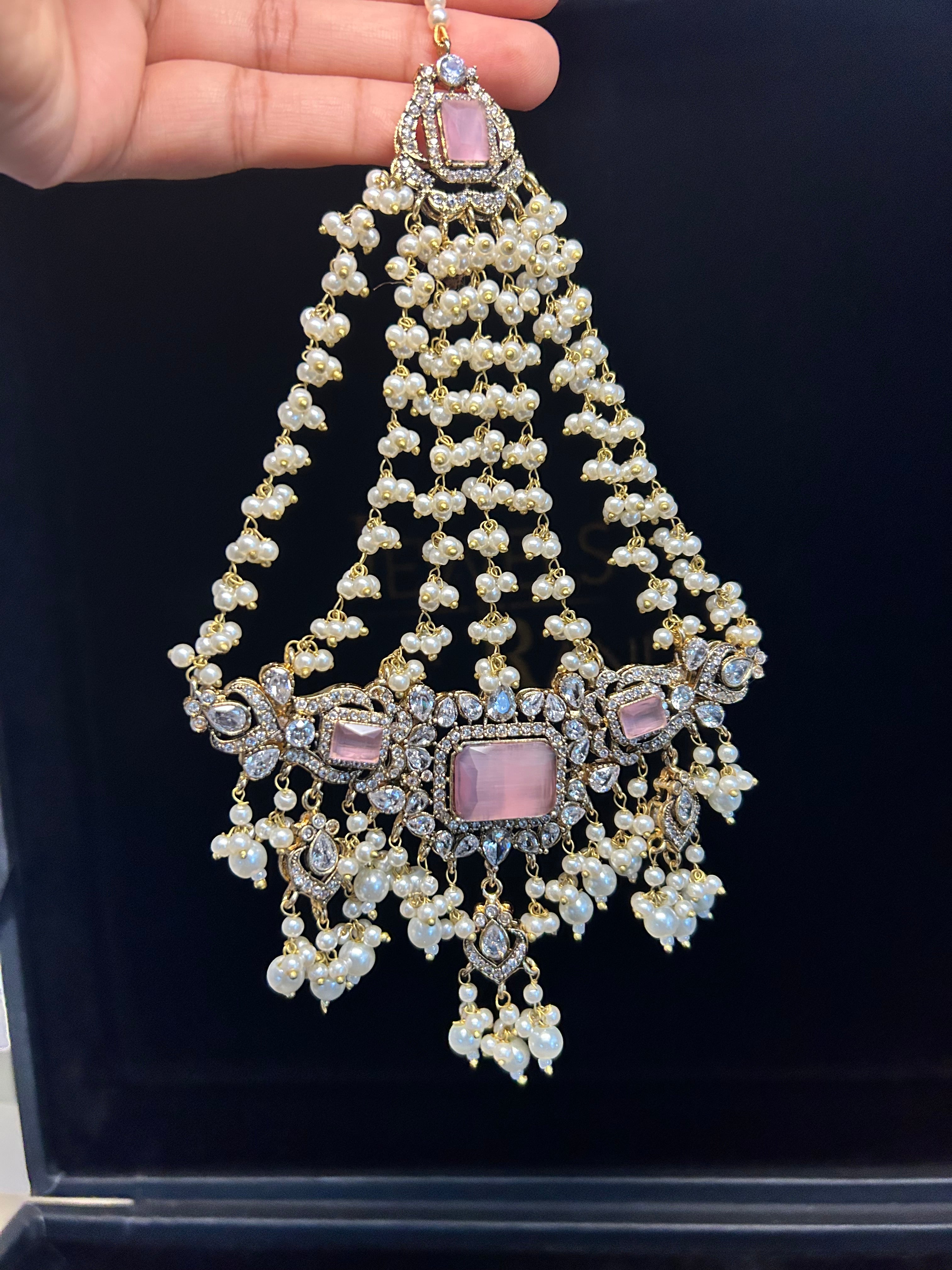 Pink and White Coloured heavily beaded jhumar