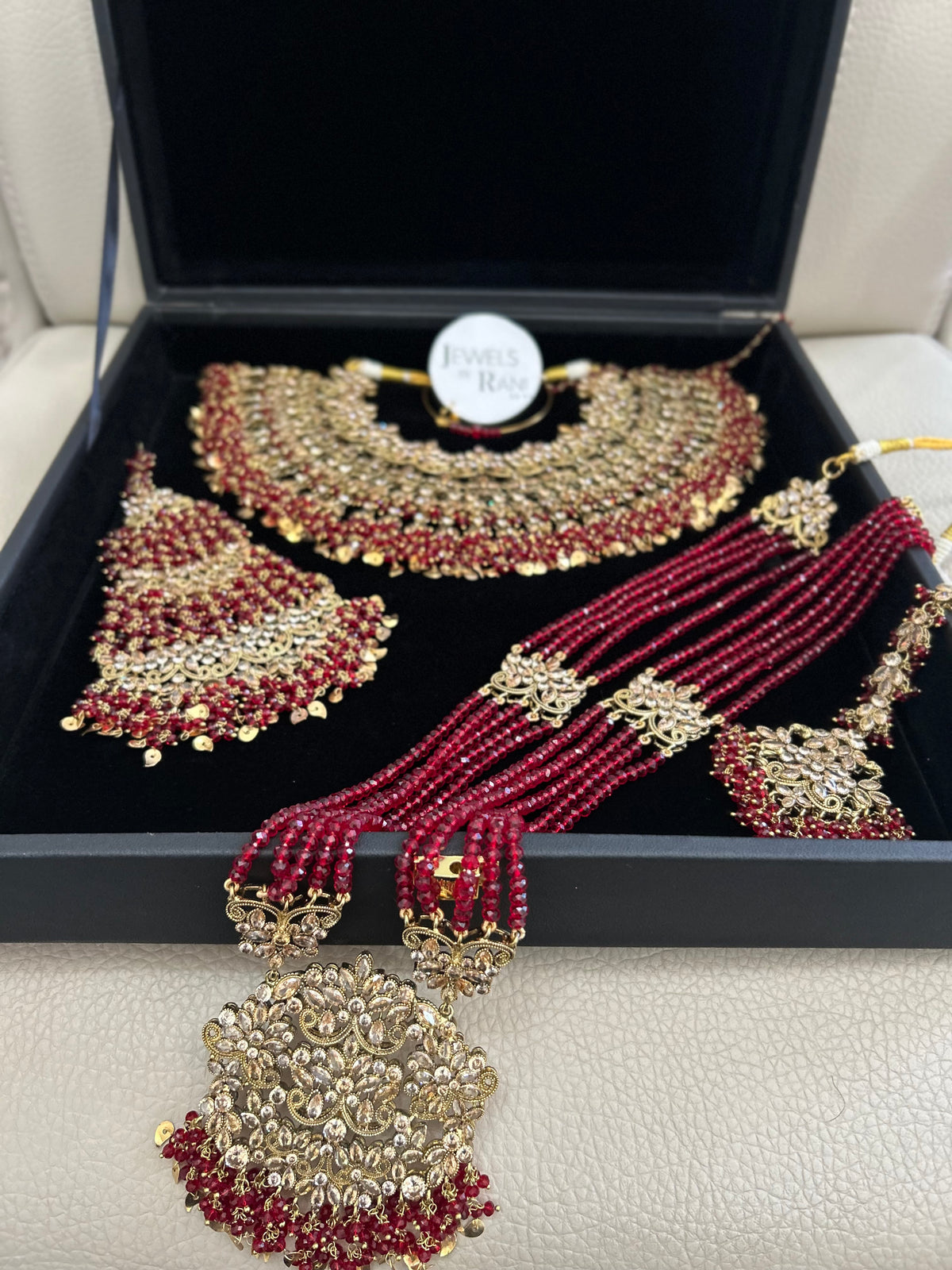 Pre Order 6 Weeks- Deep Red and Gold Large Necklace, Jhumar and Mala Set Perfect for Hijabis