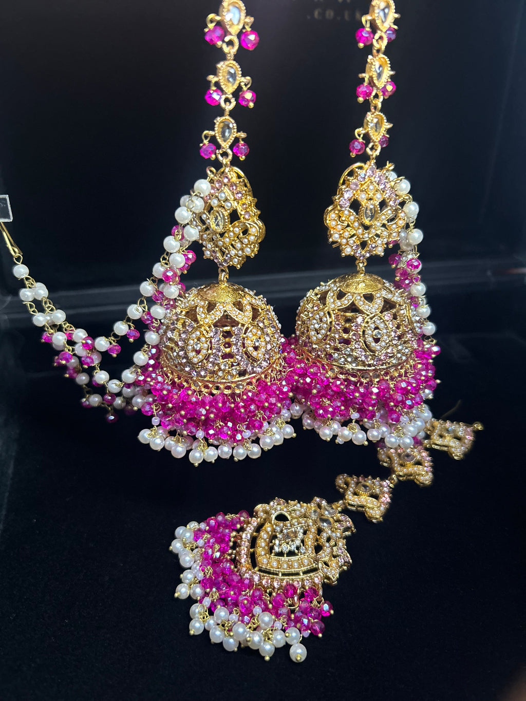 Hot pink and White Multi Coloured Jhumkes & Tikka Set
