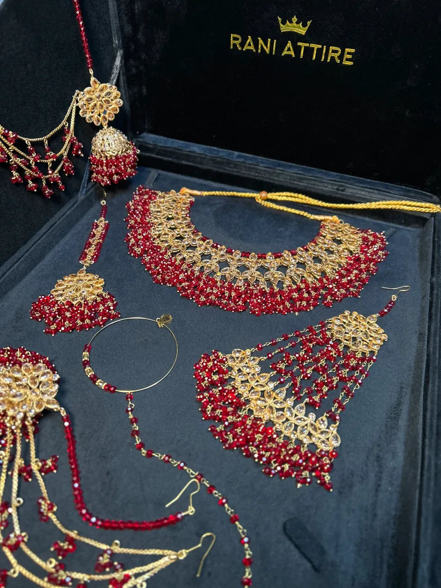 Deep Red Necklace set, with heavily beaded Earrings & tikka - Jewelsbyrani