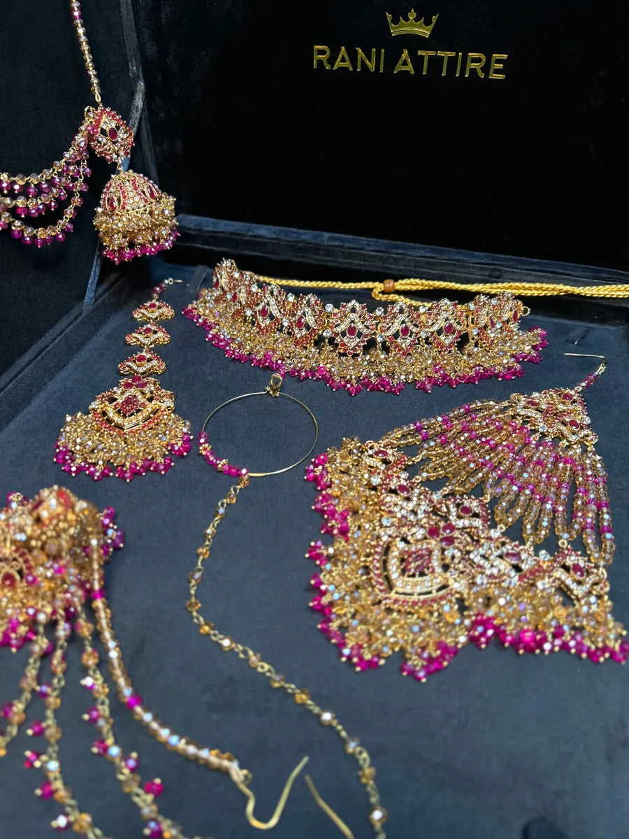 Beautiful Mehndi Choker Hot Pink & Gold Bridal Set - Jewelsbyrani