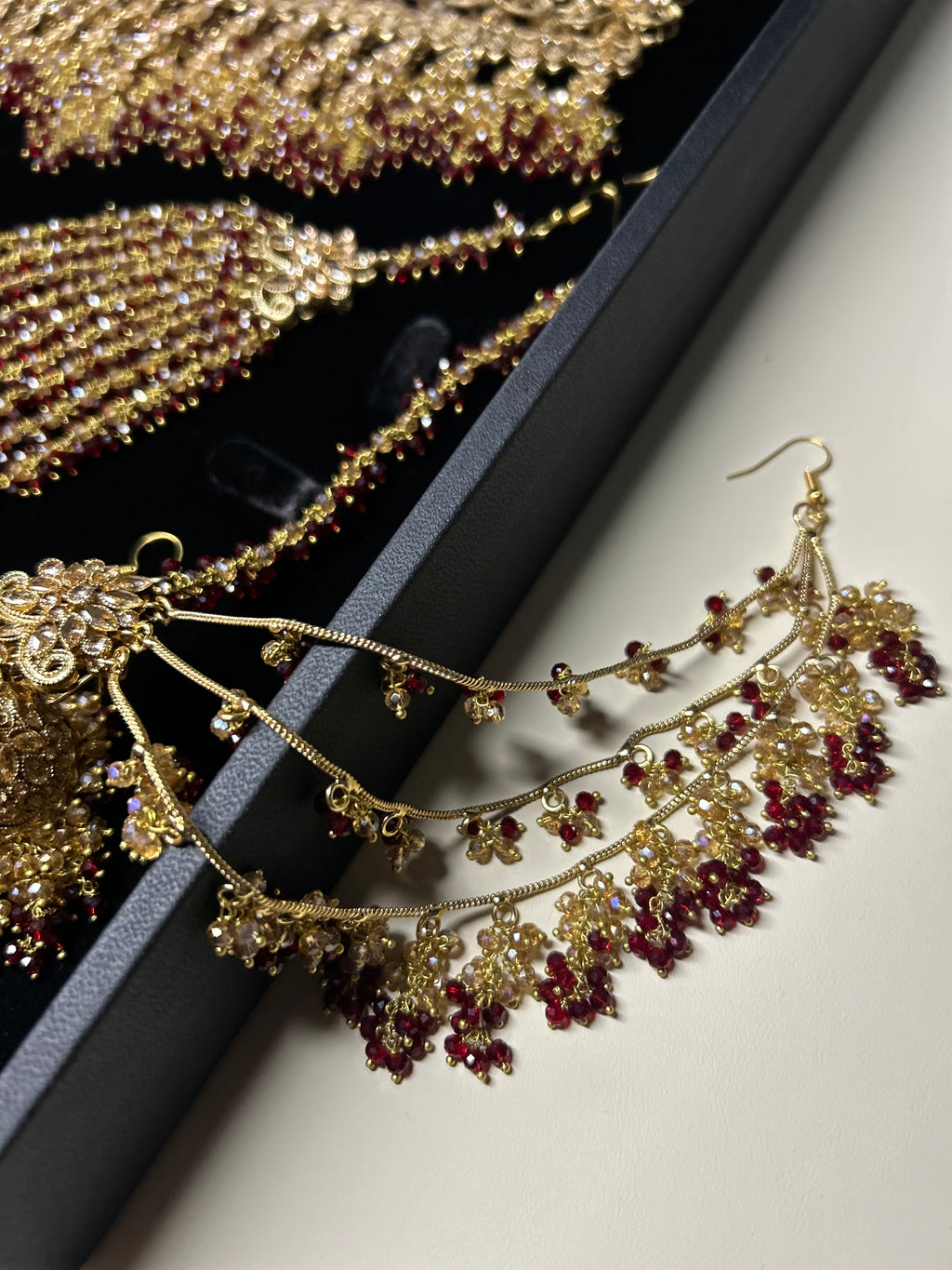 PRE ORDER: 6 Week Making time- Beautiful Maroon & Gold Dangle Necklace  22crt Gold Plated Bridal Jewellery Set