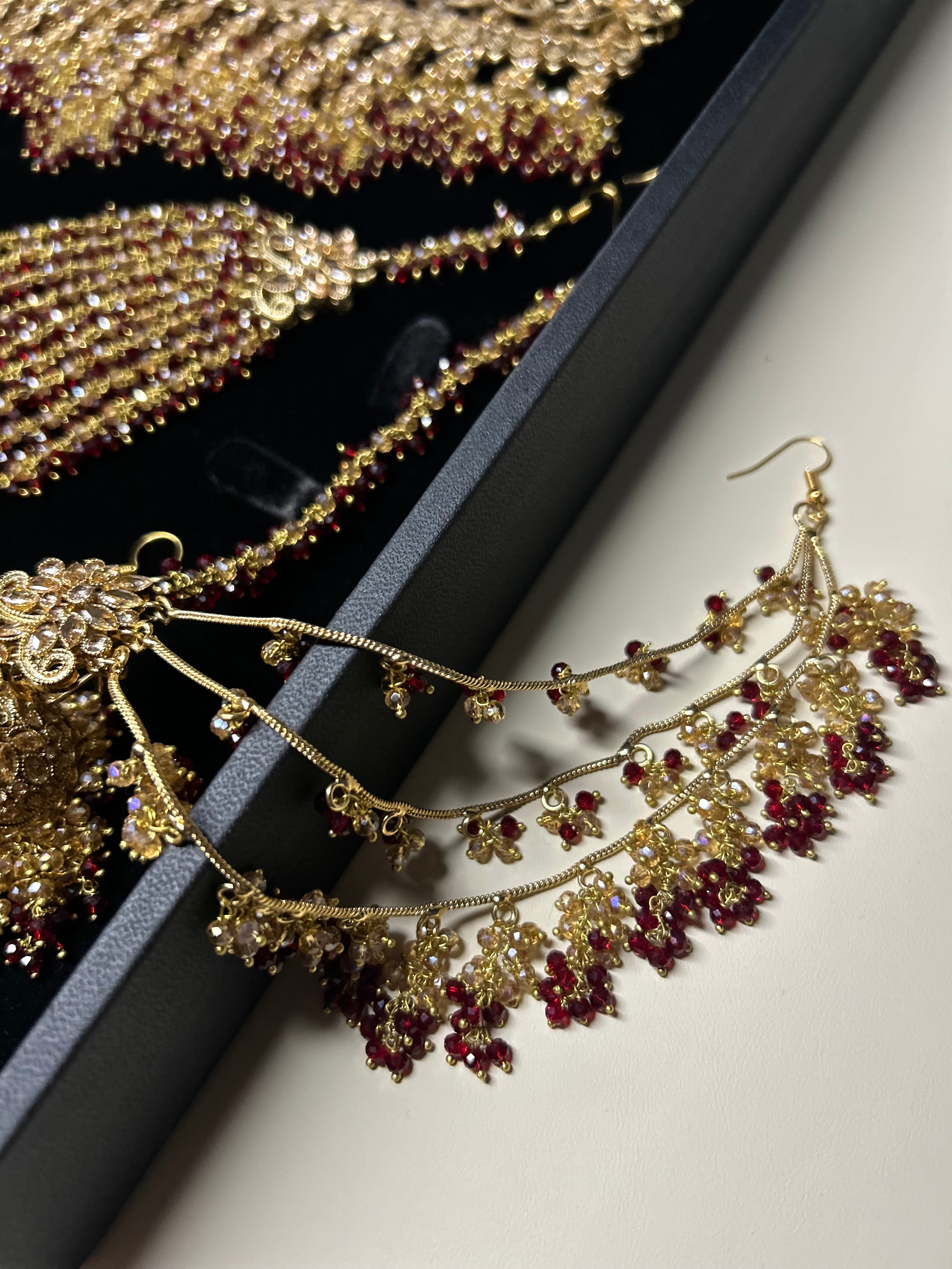 PRE ORDER: 6 Week Making time- Beautiful Maroon & Gold Dangle Necklace  22crt Gold Plated Bridal Jewellery Set