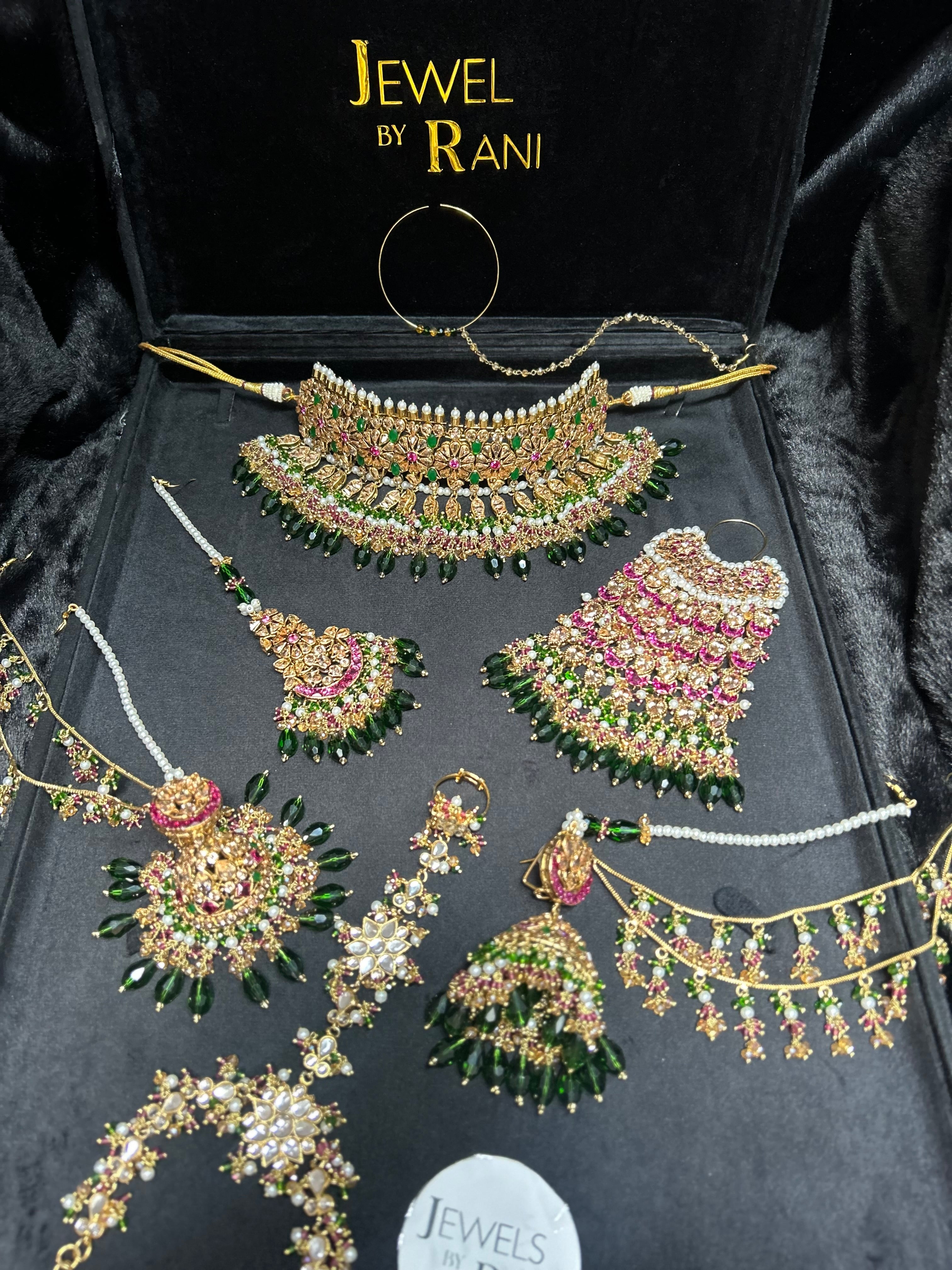 Pre order No gold plate: Same set, Crystals changed to a lighter green, Jhumkies made smaller, NO JHUMAR, Needed July 15th