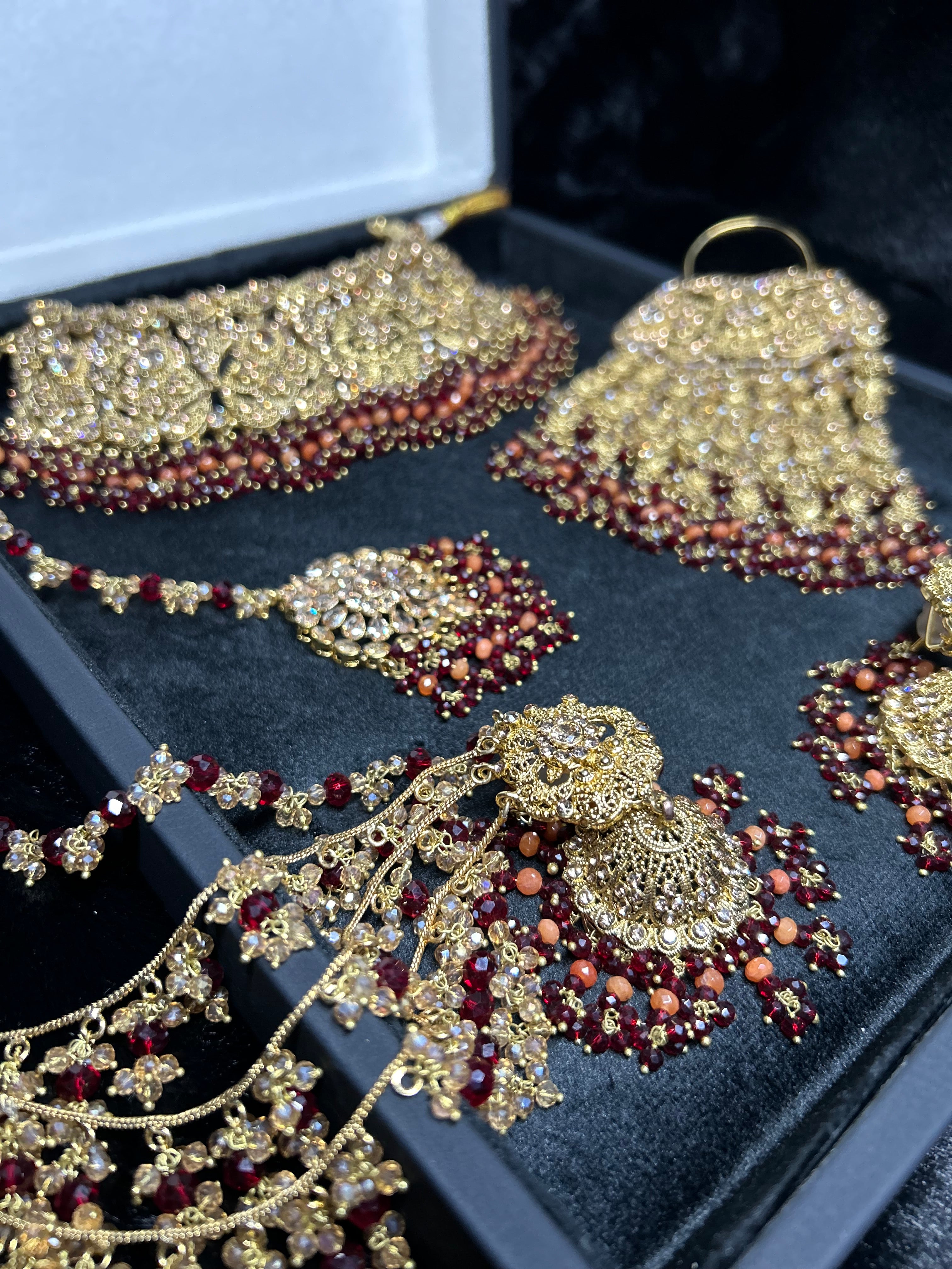Pre order - 22 crt Gold Plated - Beautiful Maroon and Burnt Orange  Pakistani Bridal Jewellery Set