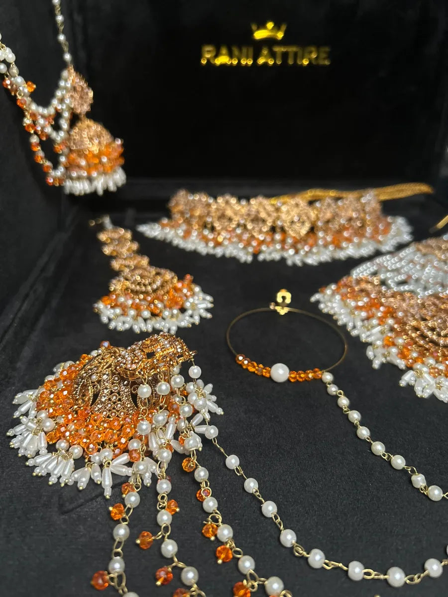 White & Orange Choker set, with heavily beaded earrings & tikka - Jewelsbyrani