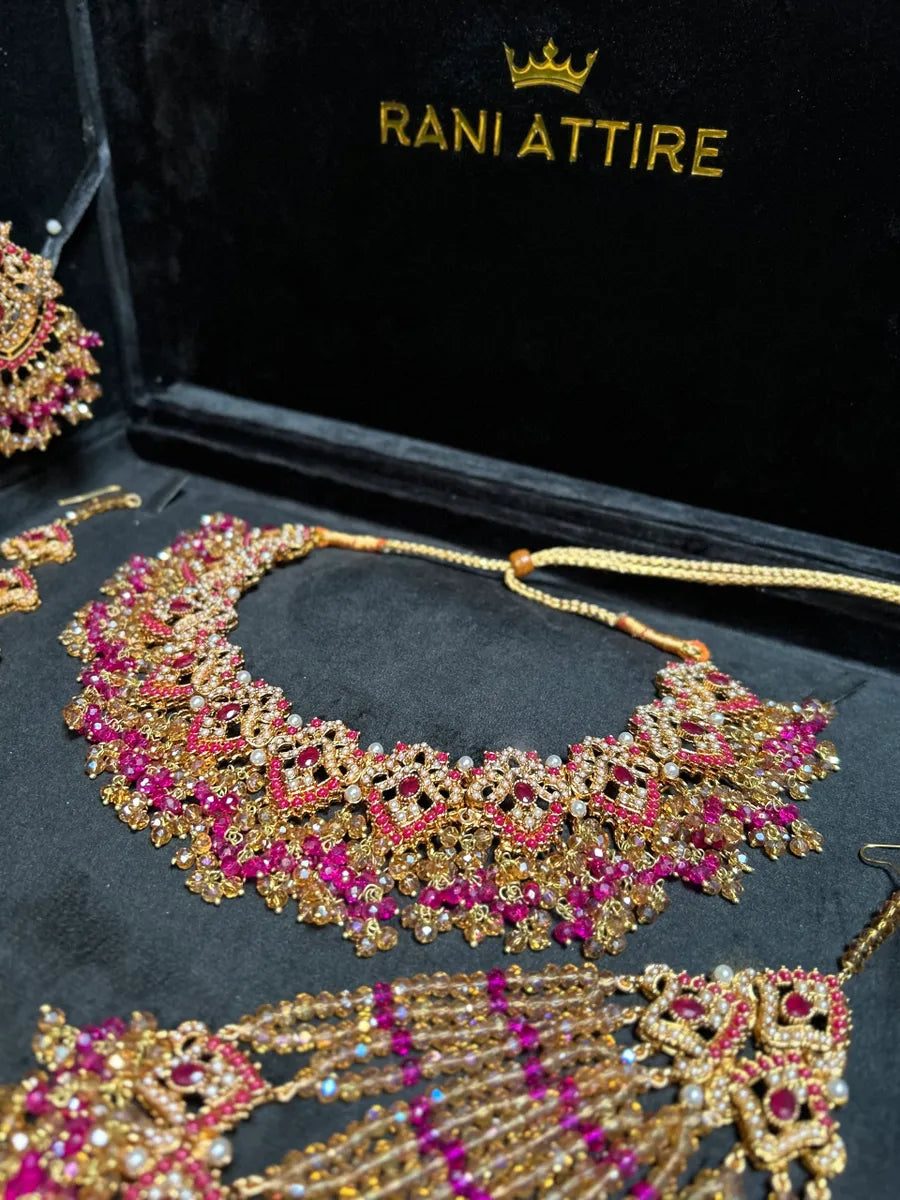 Beautiful Hot Pink & Gold Bridal Necklace Mehndi Set - Jewelsbyrani