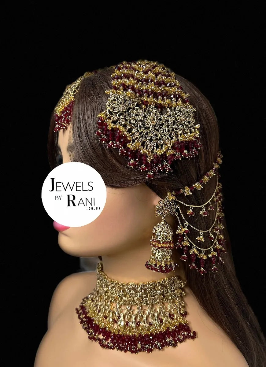 Trending Pakistani Choker Maroon Full Bridal Jewellery Set/ Style 95 - Jewelsbyrani