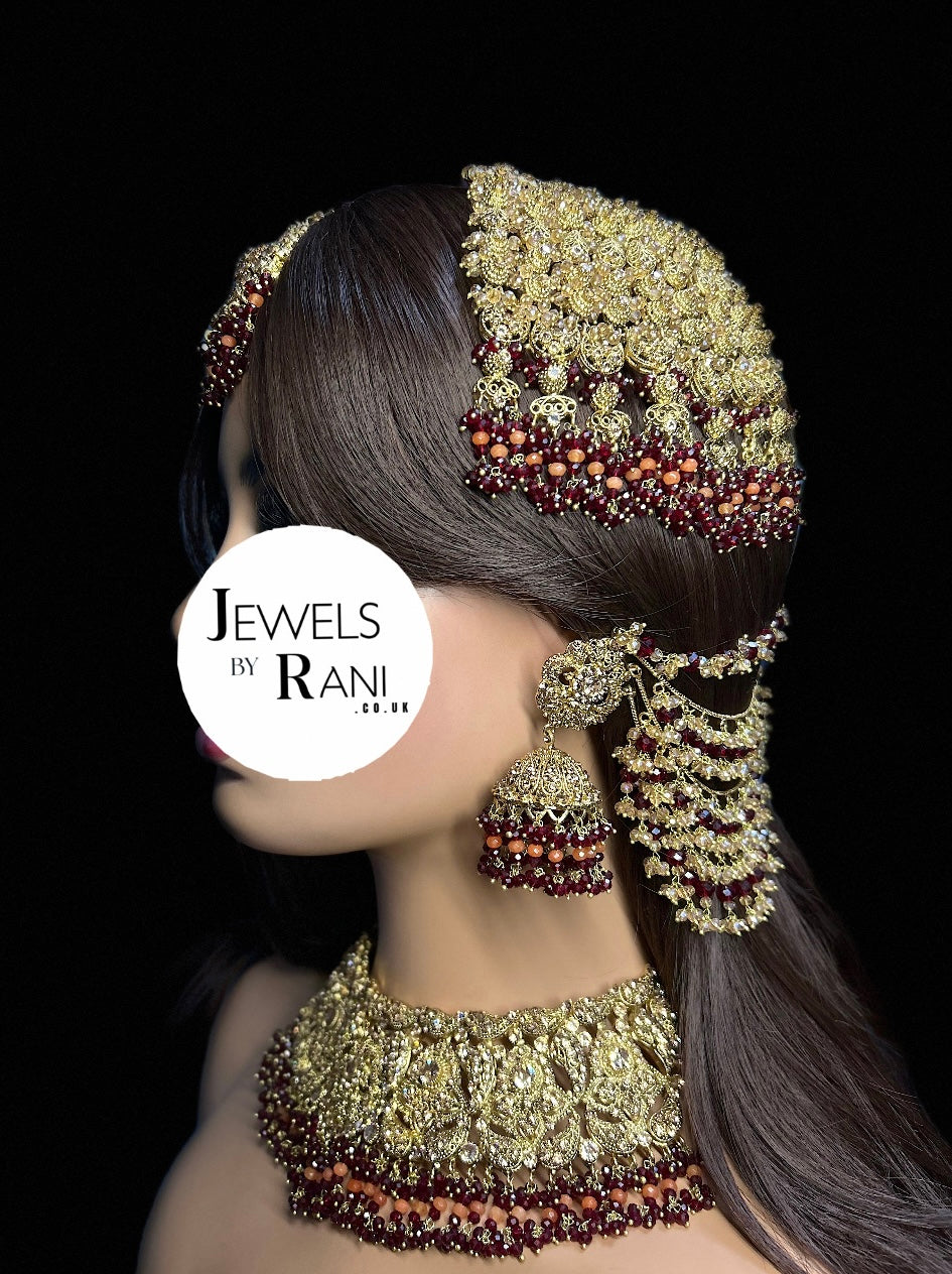 Pre order - 22 crt Gold Plated - Beautiful Maroon and Burnt Orange  Pakistani Bridal Jewellery Set