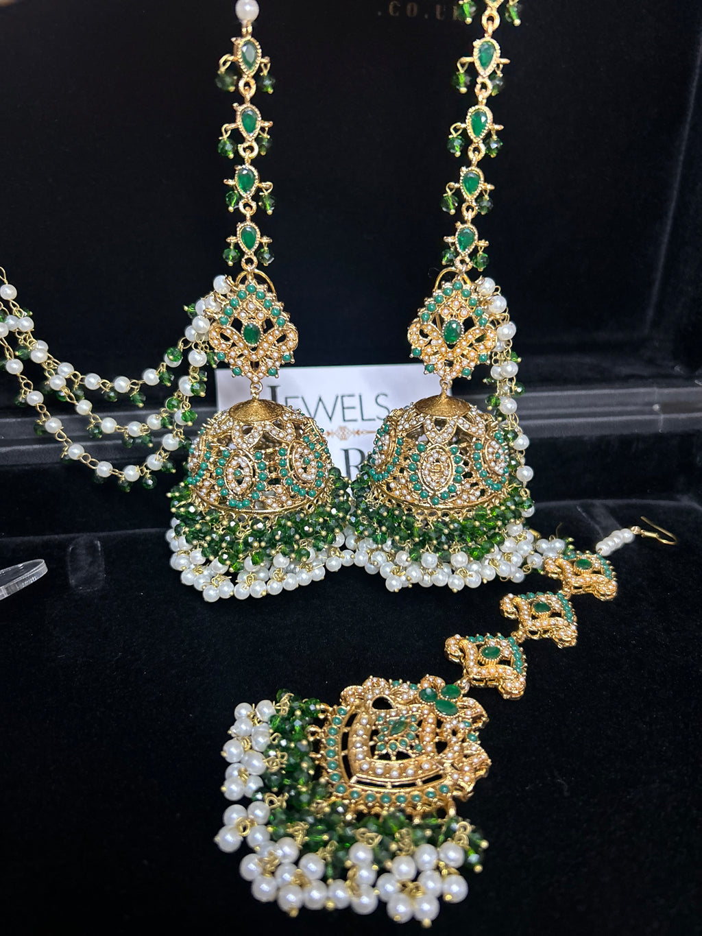 Green and White Multi Coloured Jhumkes & Tikka Set