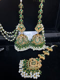 Green and White Multi Coloured Jhumkes & Tikka Set