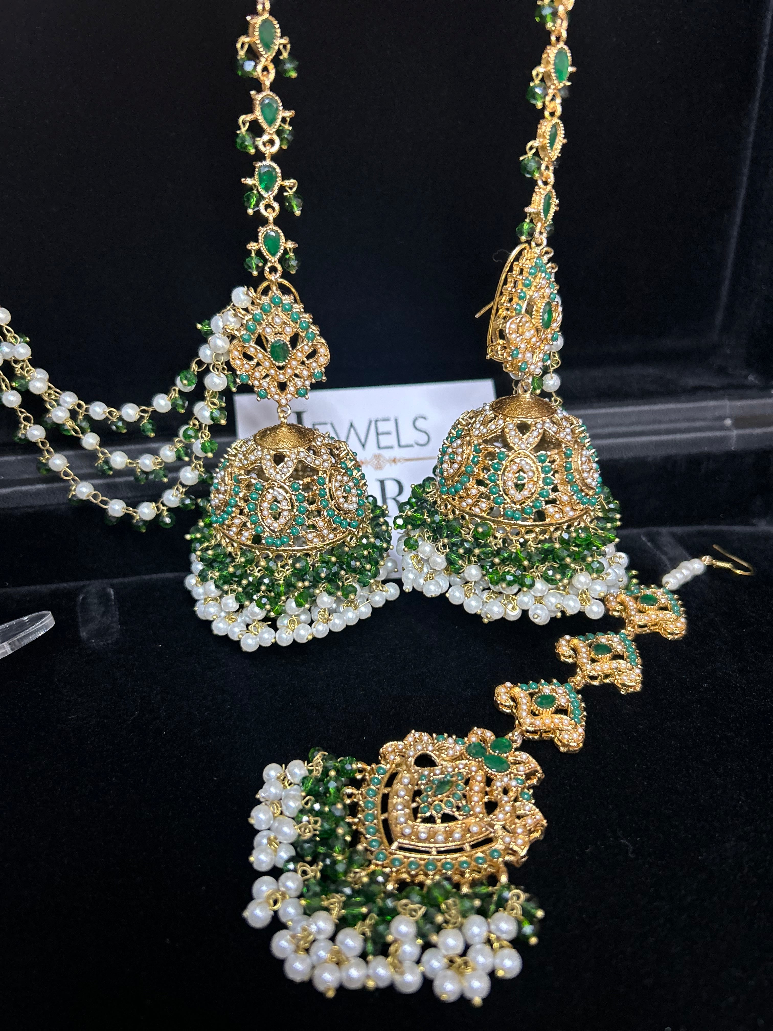 Green and White Multi Coloured Jhumkes & Tikka Set