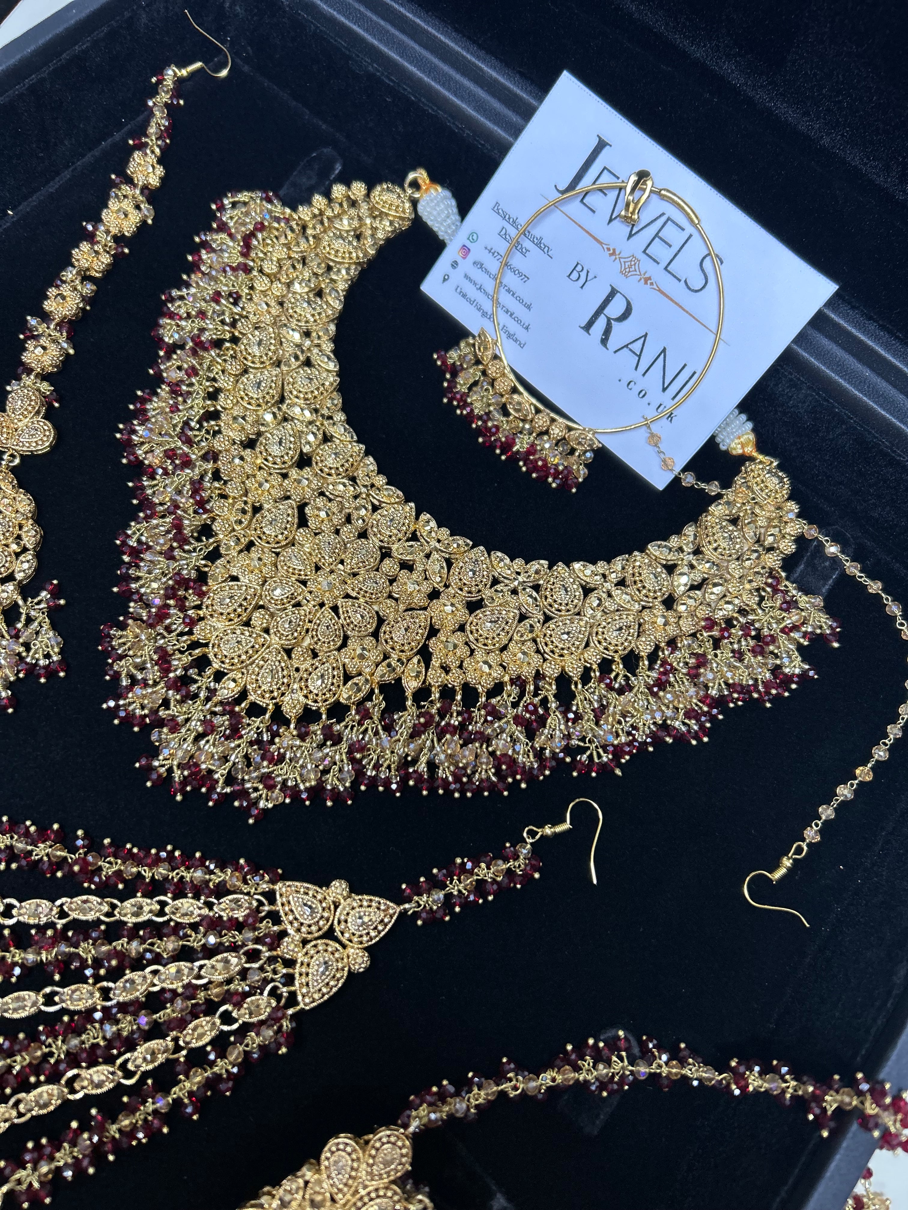 PRE ORDER: 6 Week Making time- Beautiful Maroon & Gold 22crt Gold Plated Bridal Jewellery Set (flat necklace)