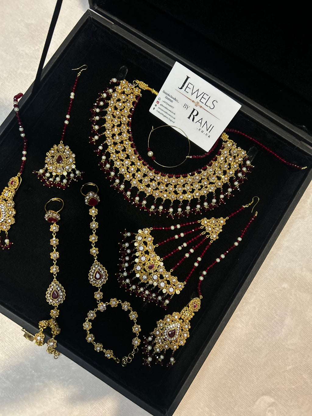 Beautiful Maroon & White Pakistani Necklace Set Full Bridal Jewellery Set | Including 2 Hand Pieces | Style 7279