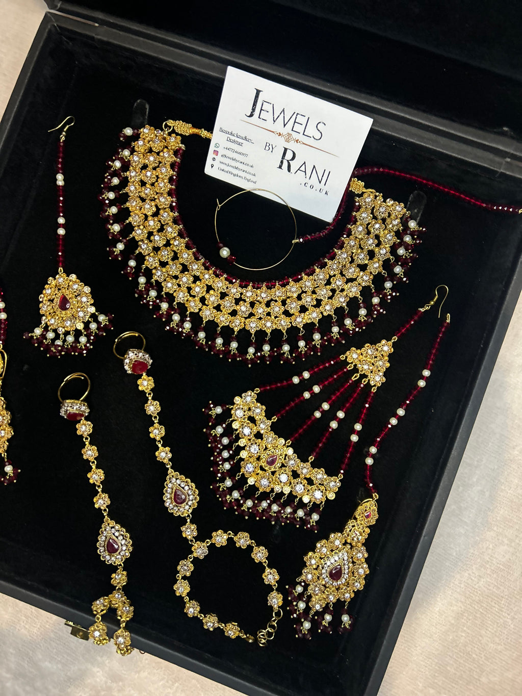 Beautiful Maroon & White Pakistani Necklace Set Full Bridal Jewellery Set | Including 2 Hand Pieces | Style 7279
