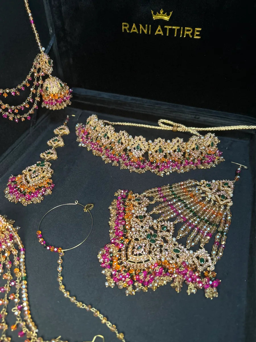 Multi Choker Green, Orange & Hot Pink coloured necklace set, with heavily beaded Jhumkies & tikka | Gold Stones - Jewelsbyrani