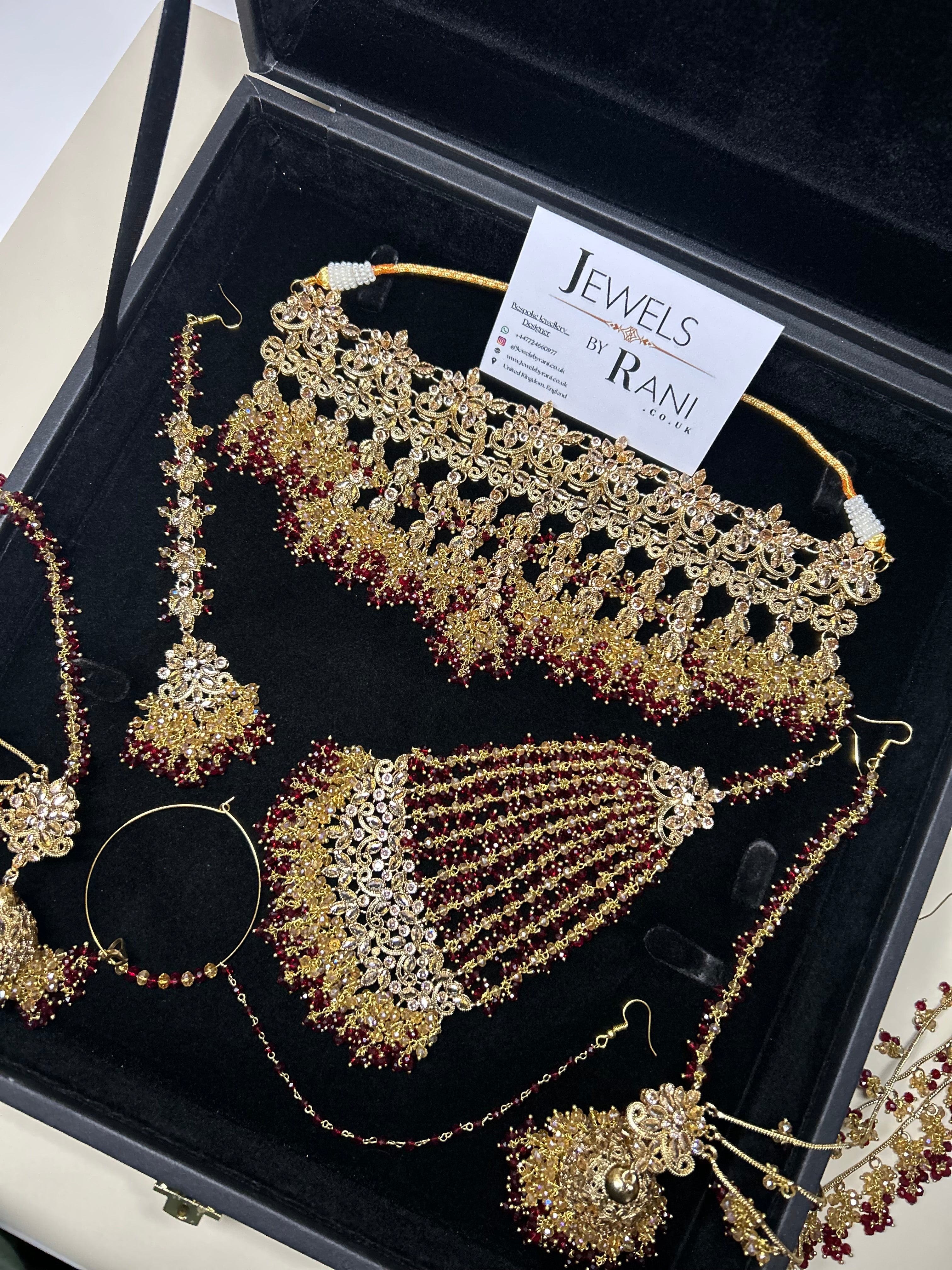 PRE ORDER: 6 Week Making time- Beautiful Maroon & Gold Dangle Necklace  22crt Gold Plated Bridal Jewellery Set