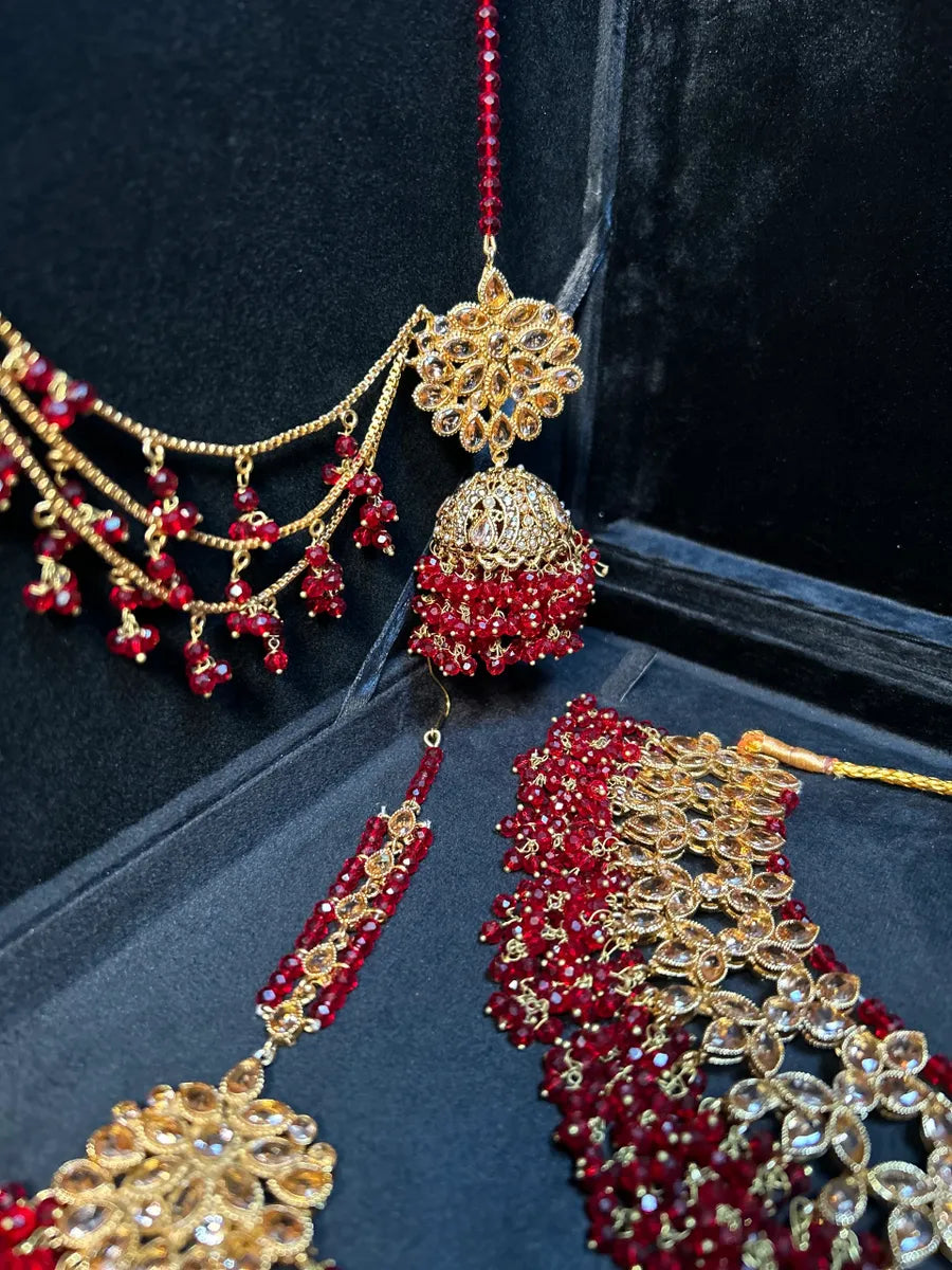 Deep Red Necklace set, with heavily beaded Earrings & tikka - Jewelsbyrani