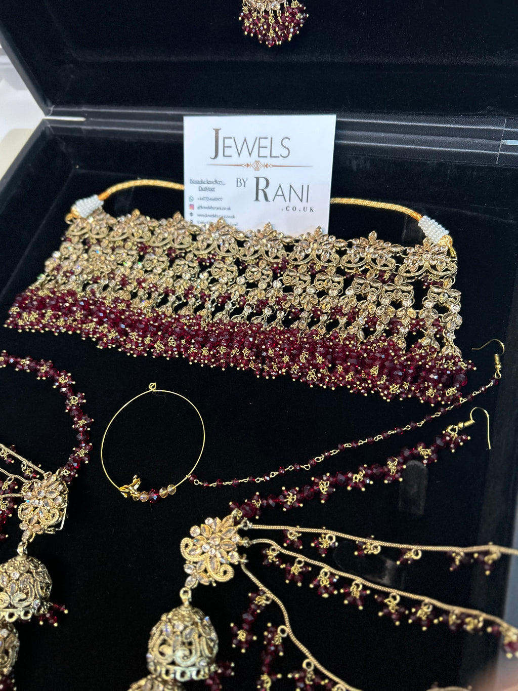 Pre Order 6 Weeks- 22crt Gold Plated Maroon Matha Patti Bridal Jewellery Set With Choker