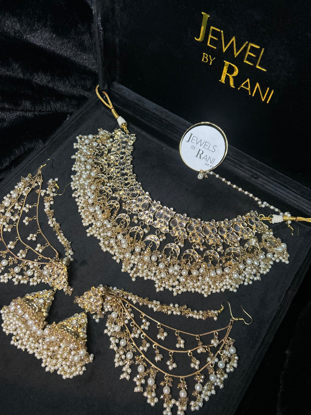 Pre order 6 Weeks - White Kundan Bridal Jewellery Set Matha Patti, Necklace and Jhumkies + nose ring 22crt Gold Plated