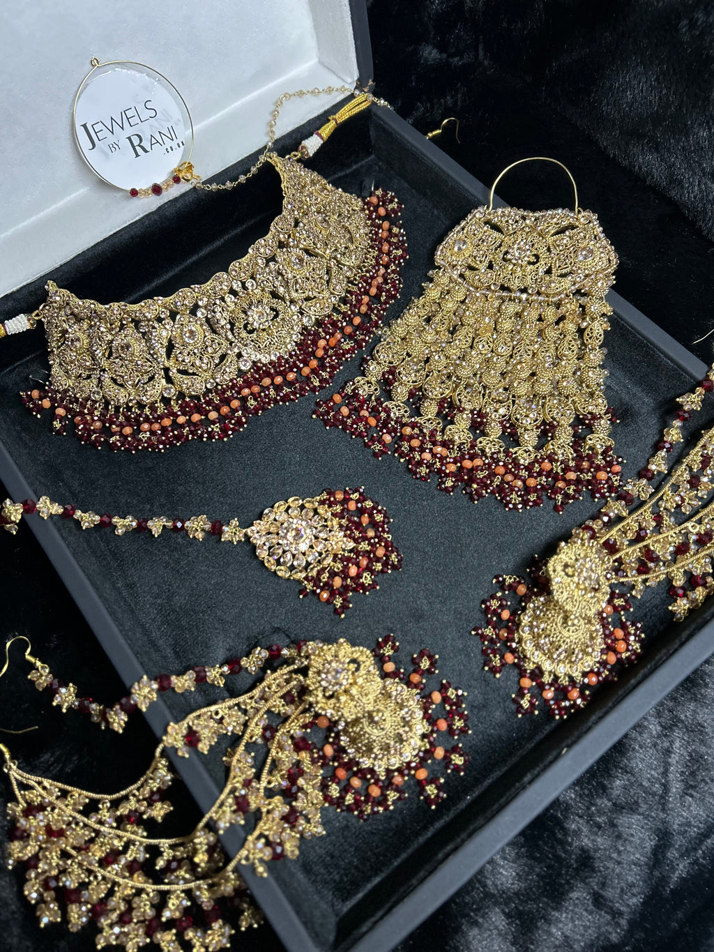 Pre order - 22 crt Gold Plated - Beautiful Maroon and Burnt Orange  Pakistani Bridal Jewellery Set