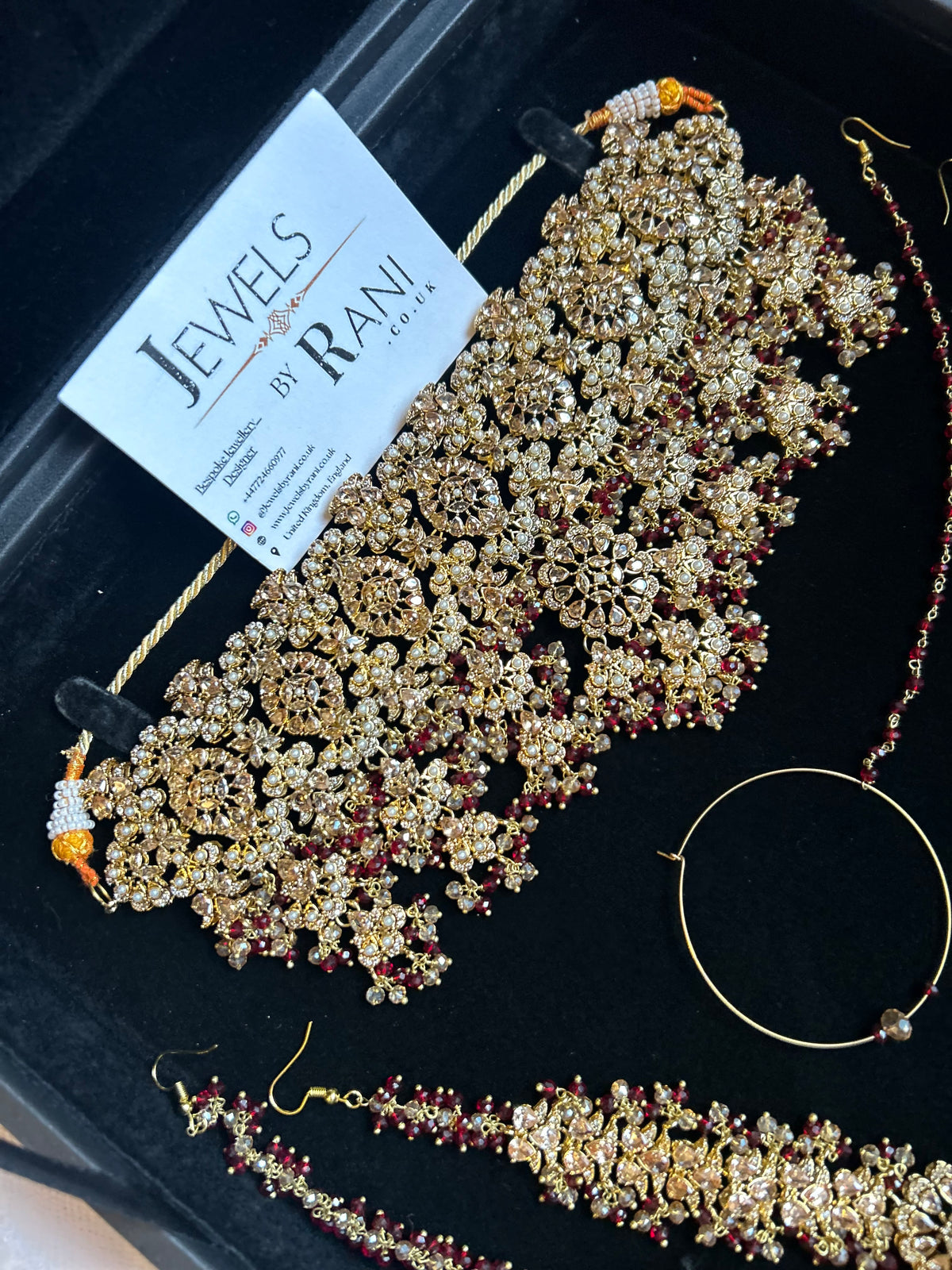22crt Gold Plated  - Trending Maroon and Gold Choker Bridal Set Style 3862