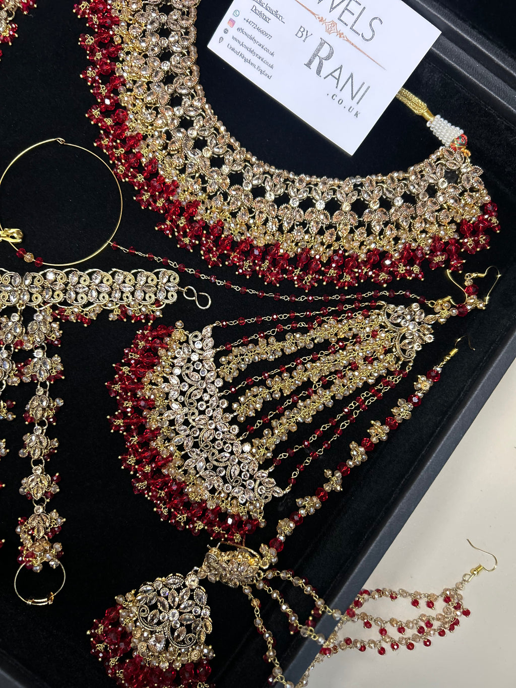 PRE ORDER: 6 Week Making time- Beautiful Deep Red & Gold 22 crt Gold Plated Bridal Jewellery Set + hand piece
