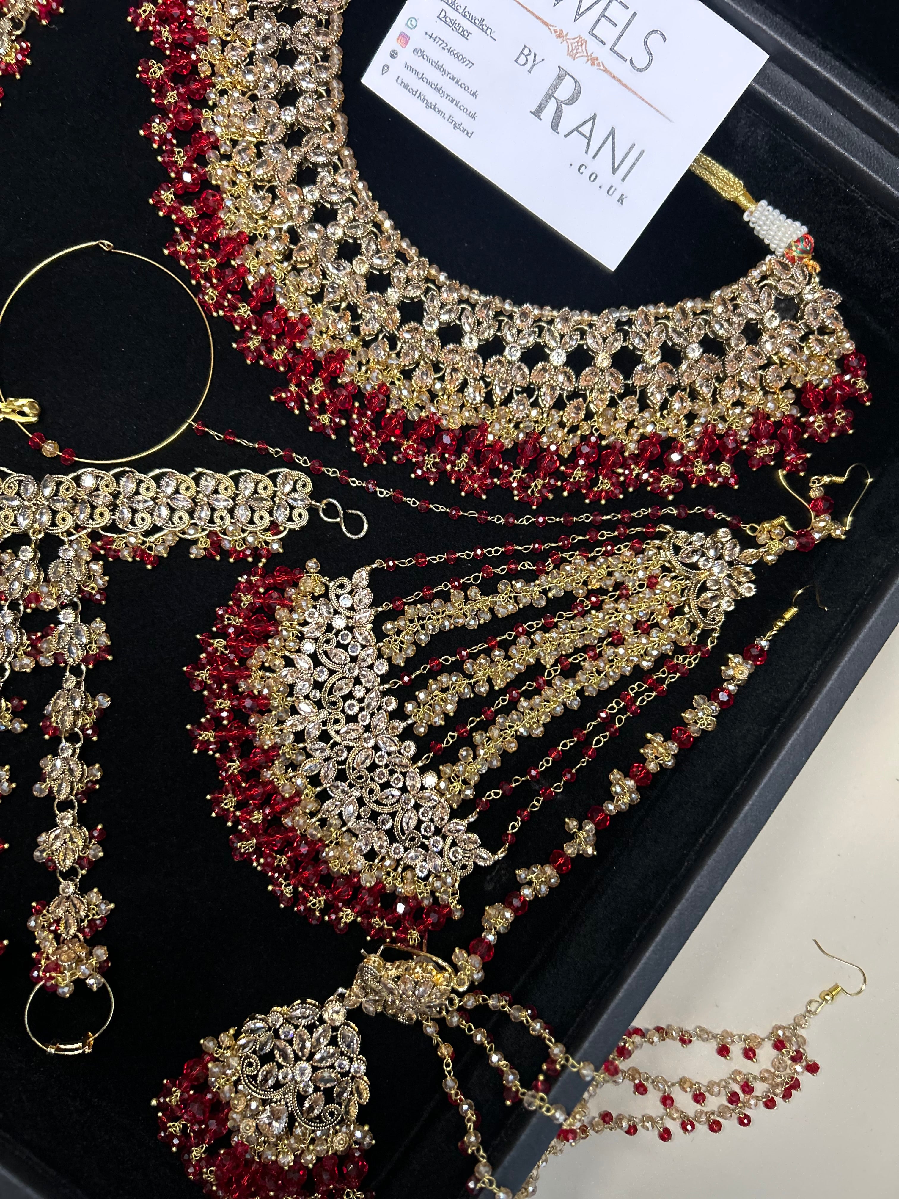 PRE ORDER: 6 Week Making time- Beautiful Deep Red & Gold 22 crt Gold Plated Bridal Jewellery Set + hand piece