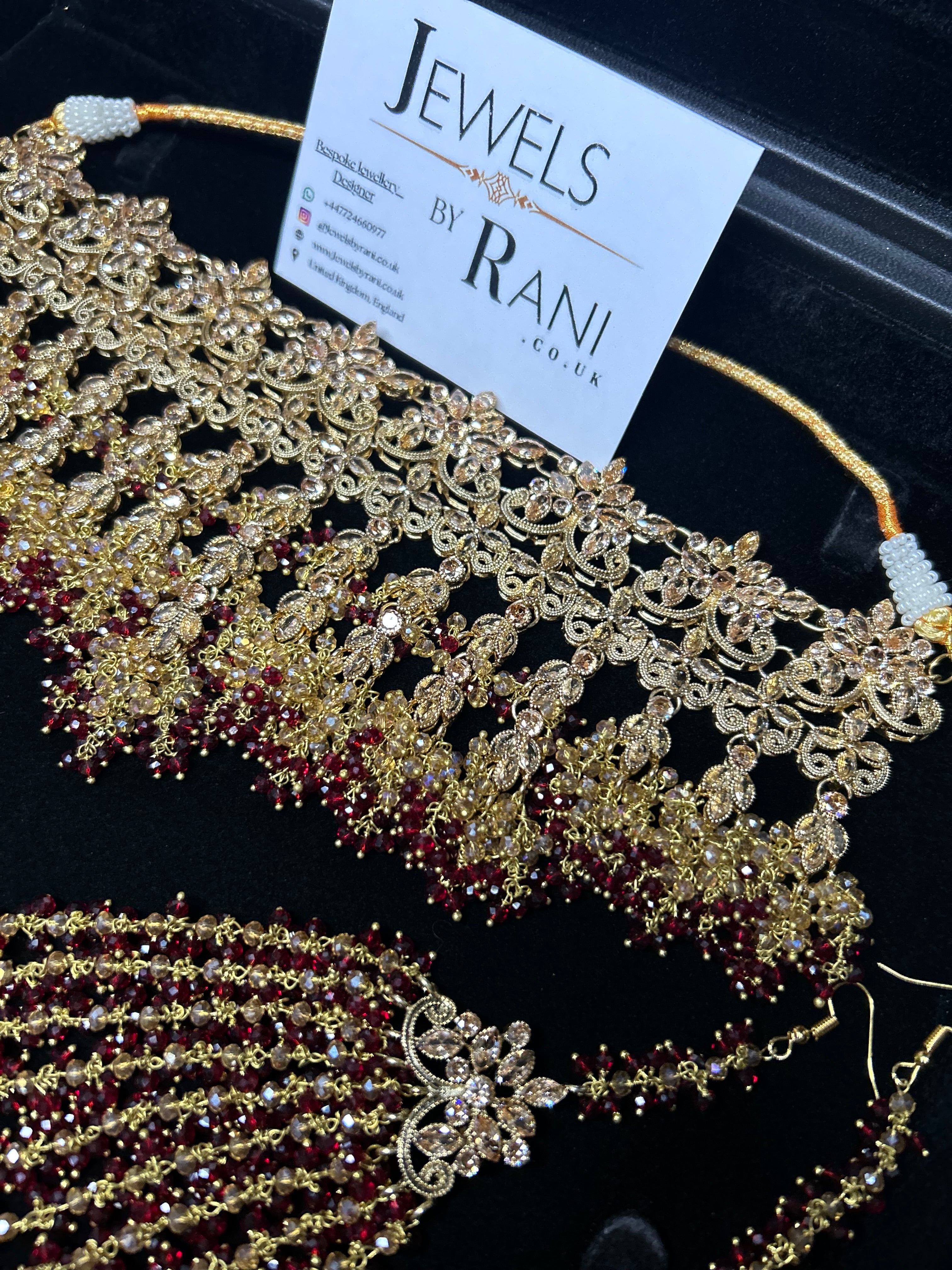 PRE ORDER: 6 Week Making time- Beautiful Maroon & Gold Dangle Necklace  22crt Gold Plated Bridal Jewellery Set