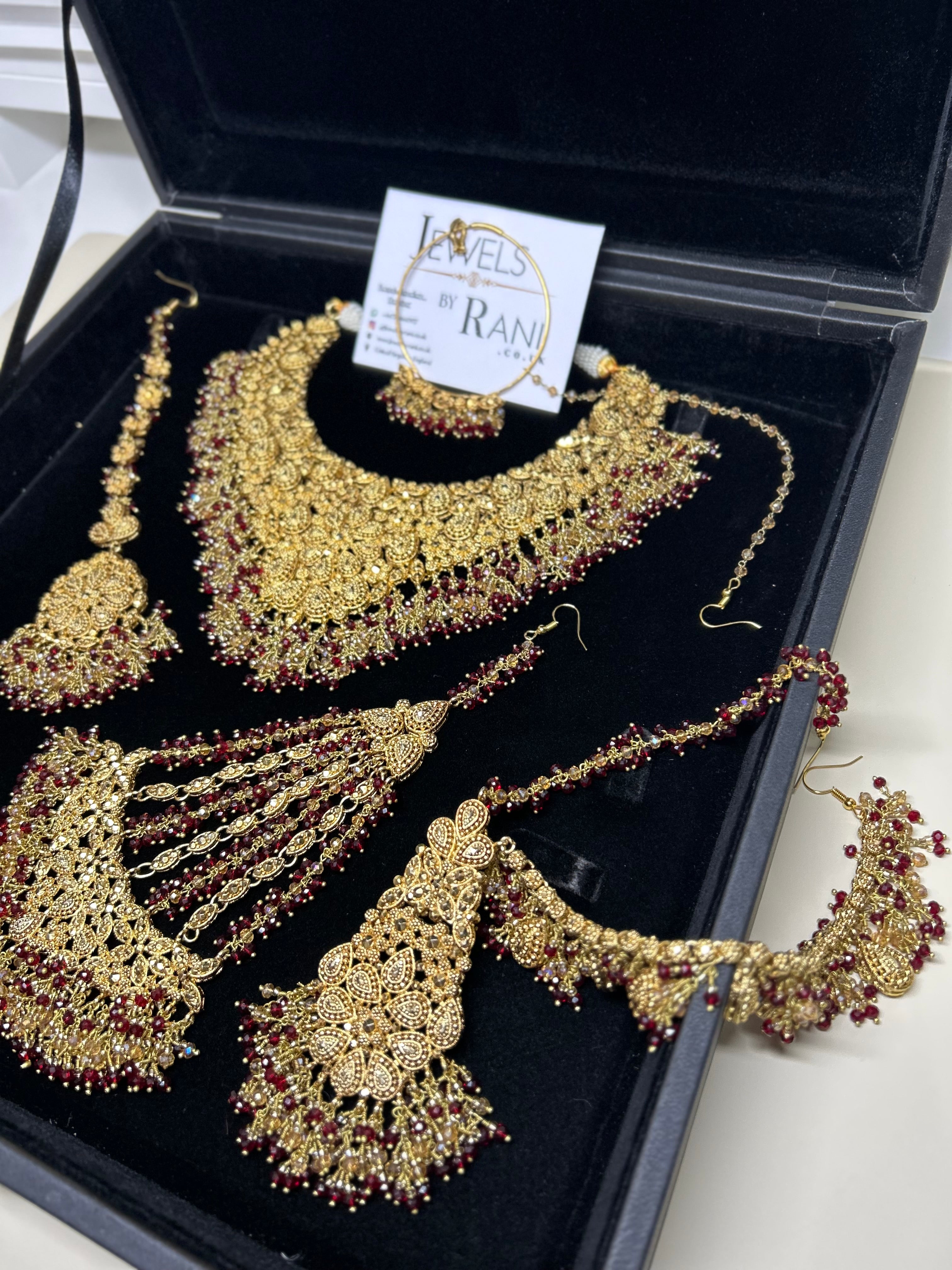 PRE ORDER: 6 Week Making time- Beautiful Maroon & Gold 22crt Gold Plated Bridal Jewellery Set (flat necklace)