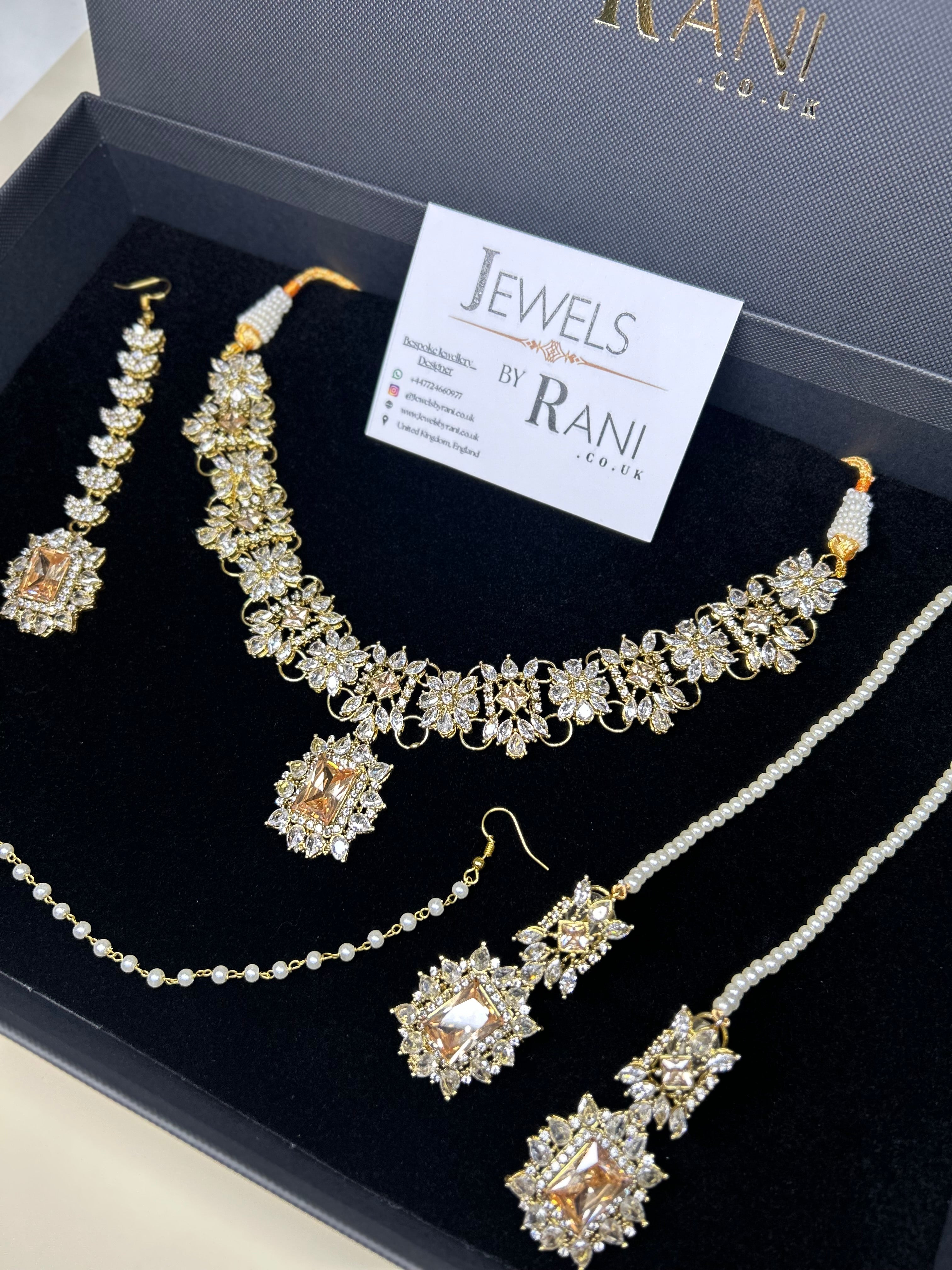 Pre Order 6 Weeks - Beautiful Champagne / Gold Stoned Bridal Jewellery Set Gold Plated