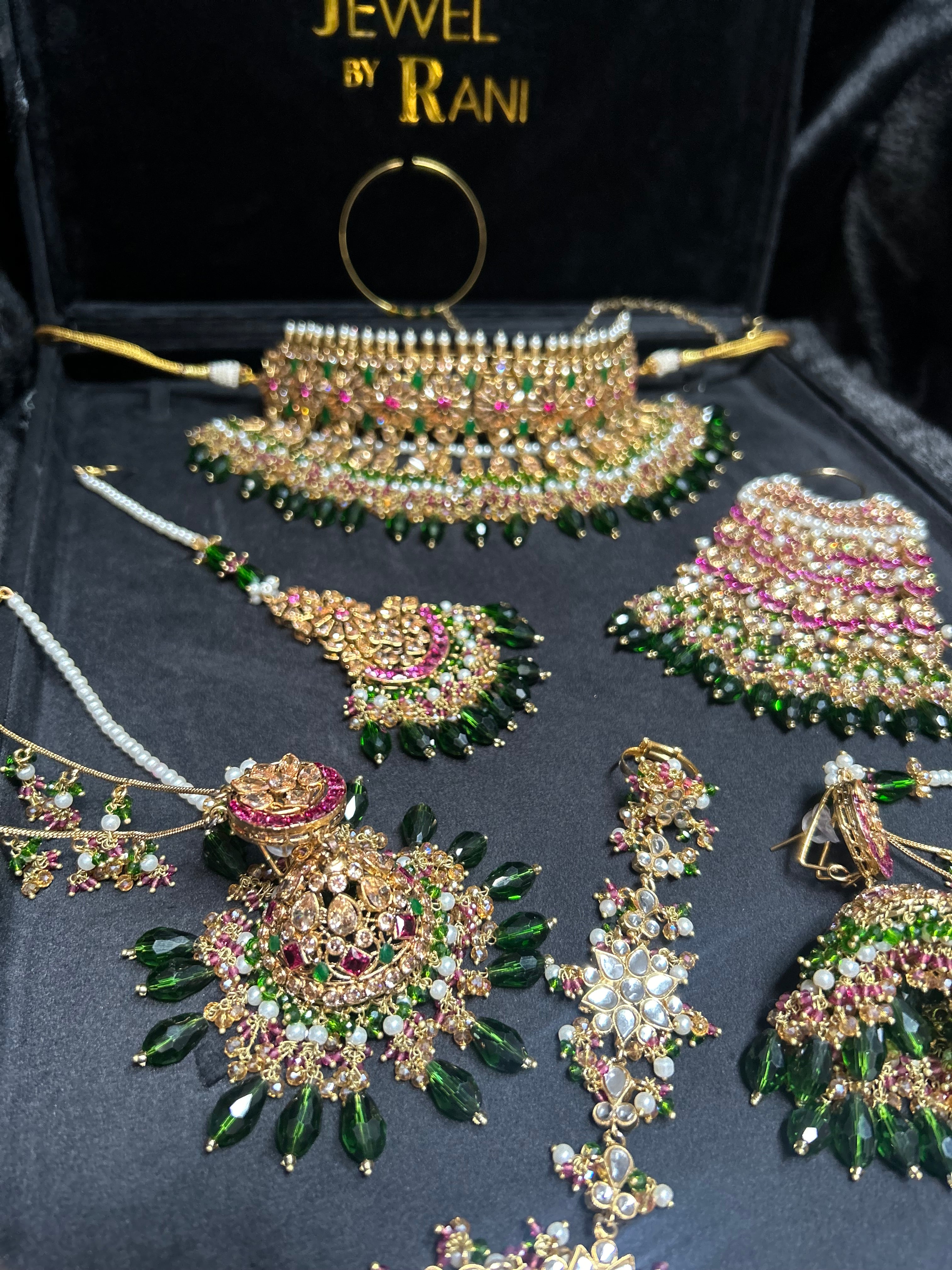 Pre order No gold plate: Same set, Crystals changed to a lighter green, Jhumkies made smaller, NO JHUMAR, Needed July 15th
