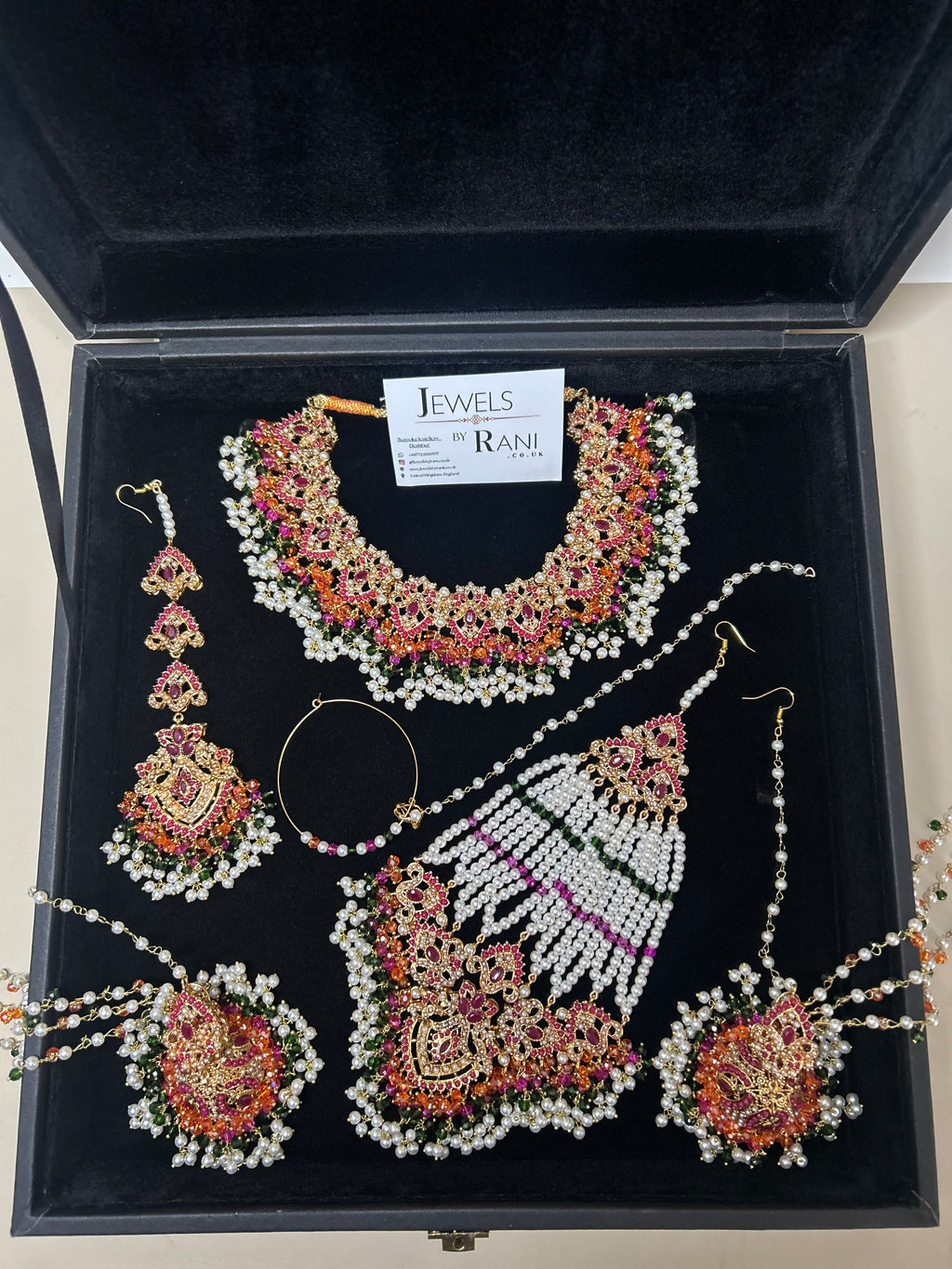 Green, Hot pink, Gold & White coloured necklace set, with heavily beaded Jhumkies & tikka (Copy)