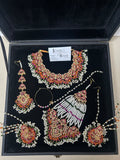 Green, Hot pink, Gold & White coloured necklace set, with heavily beaded Jhumkies & tikka (Copy)