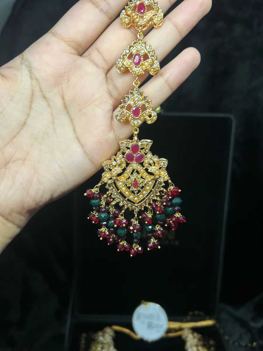 Green, Gold & Maroon Bridal Jewellery set, with heavily beaded earrings & tikka. - Jewelsbyrani