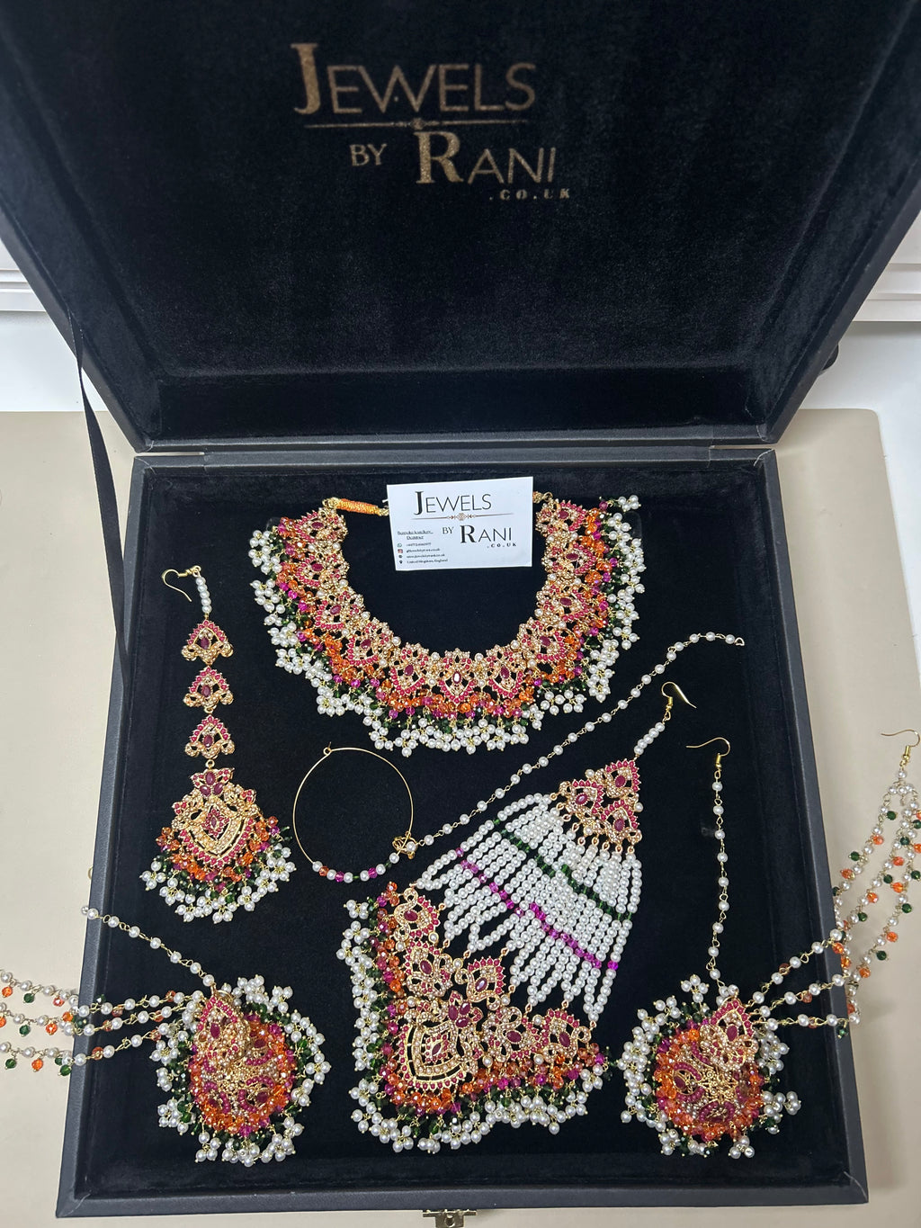 Green, Hot pink, Gold & White coloured necklace set, with heavily beaded Jhumkies & tikka (Copy)