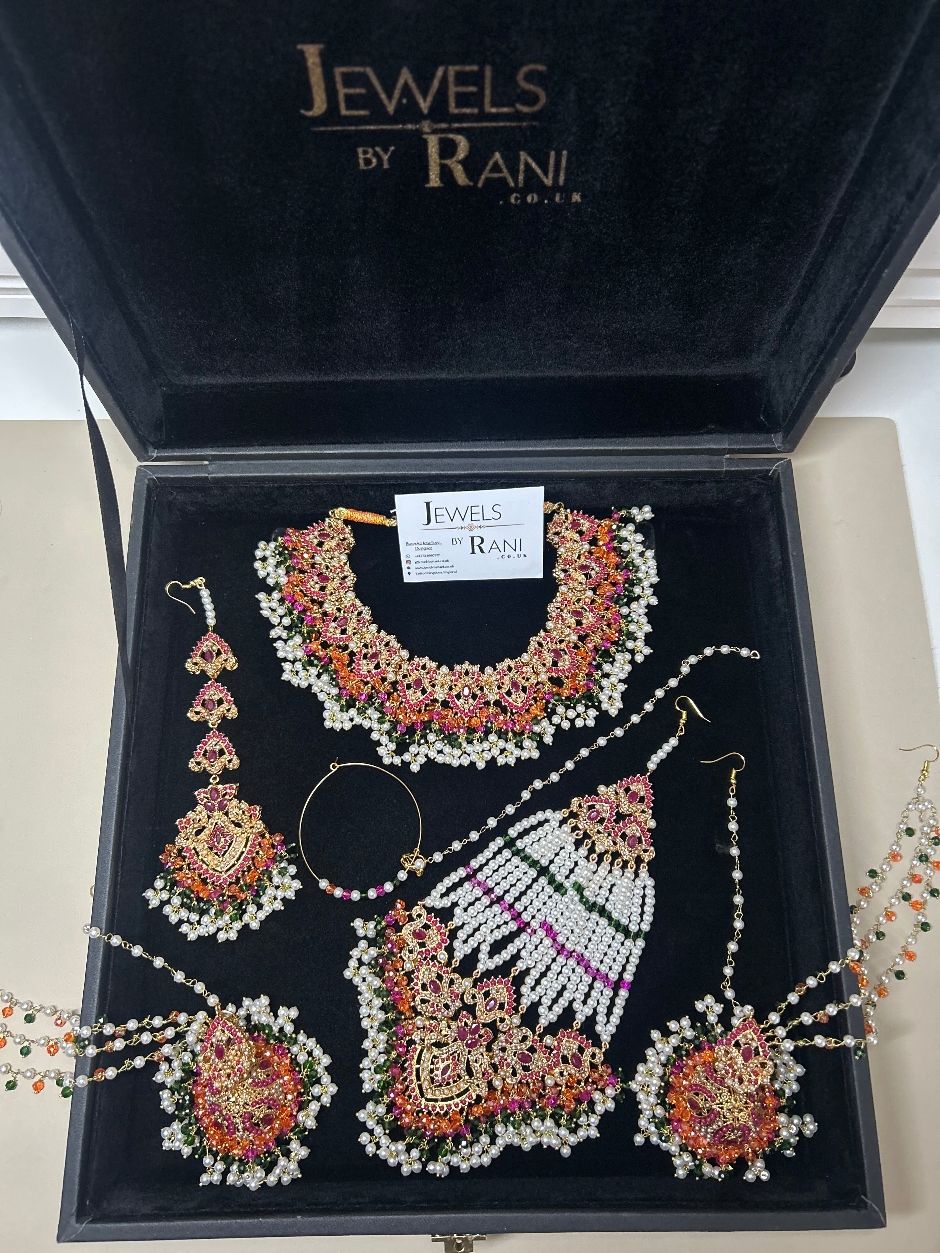 Green, Hot pink, Gold & White coloured necklace set, with heavily beaded Jhumkies & tikka (Copy)
