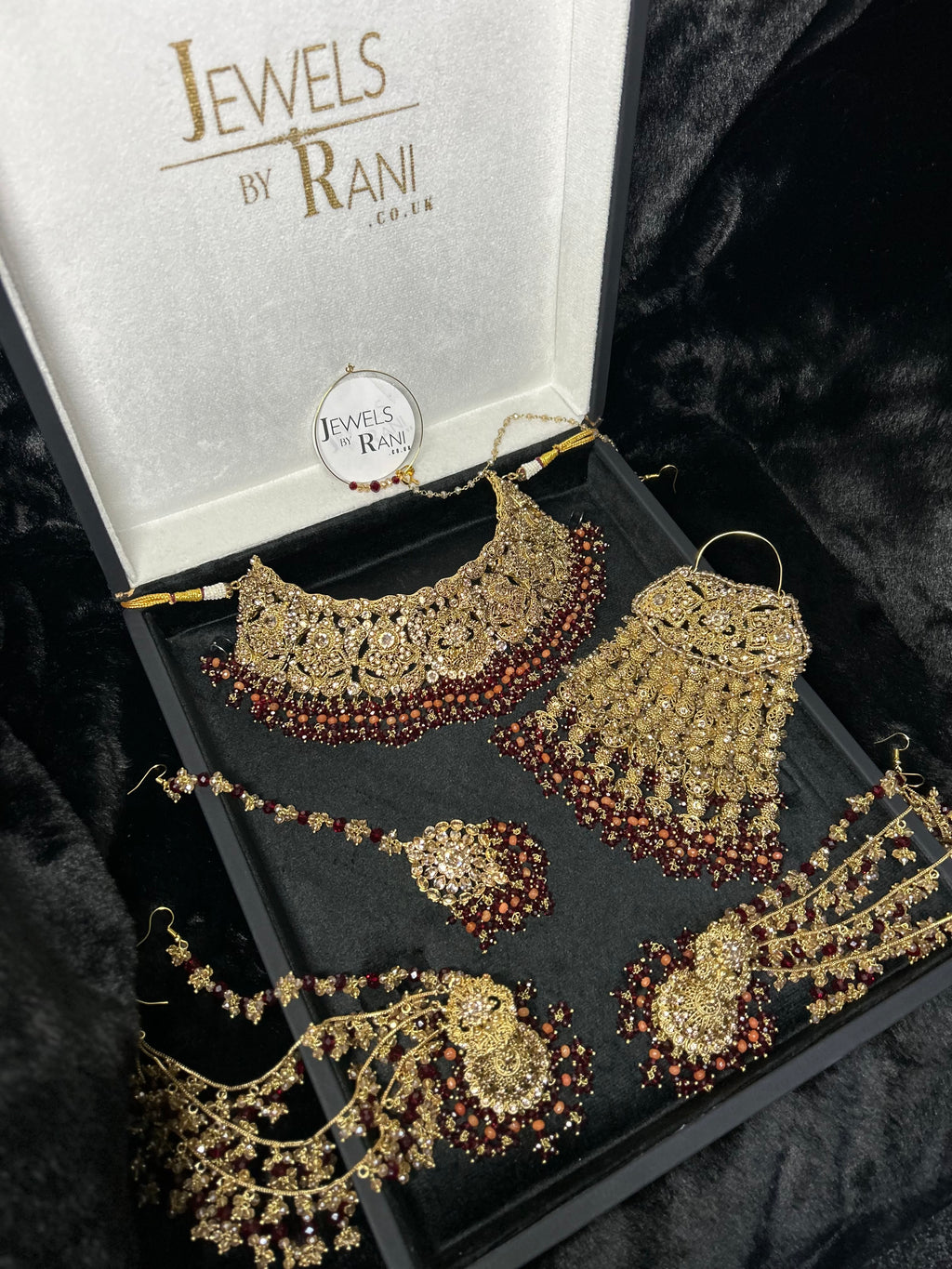 Pre order - 22 crt Gold Plated - Beautiful Maroon and Burnt Orange  Pakistani Bridal Jewellery Set